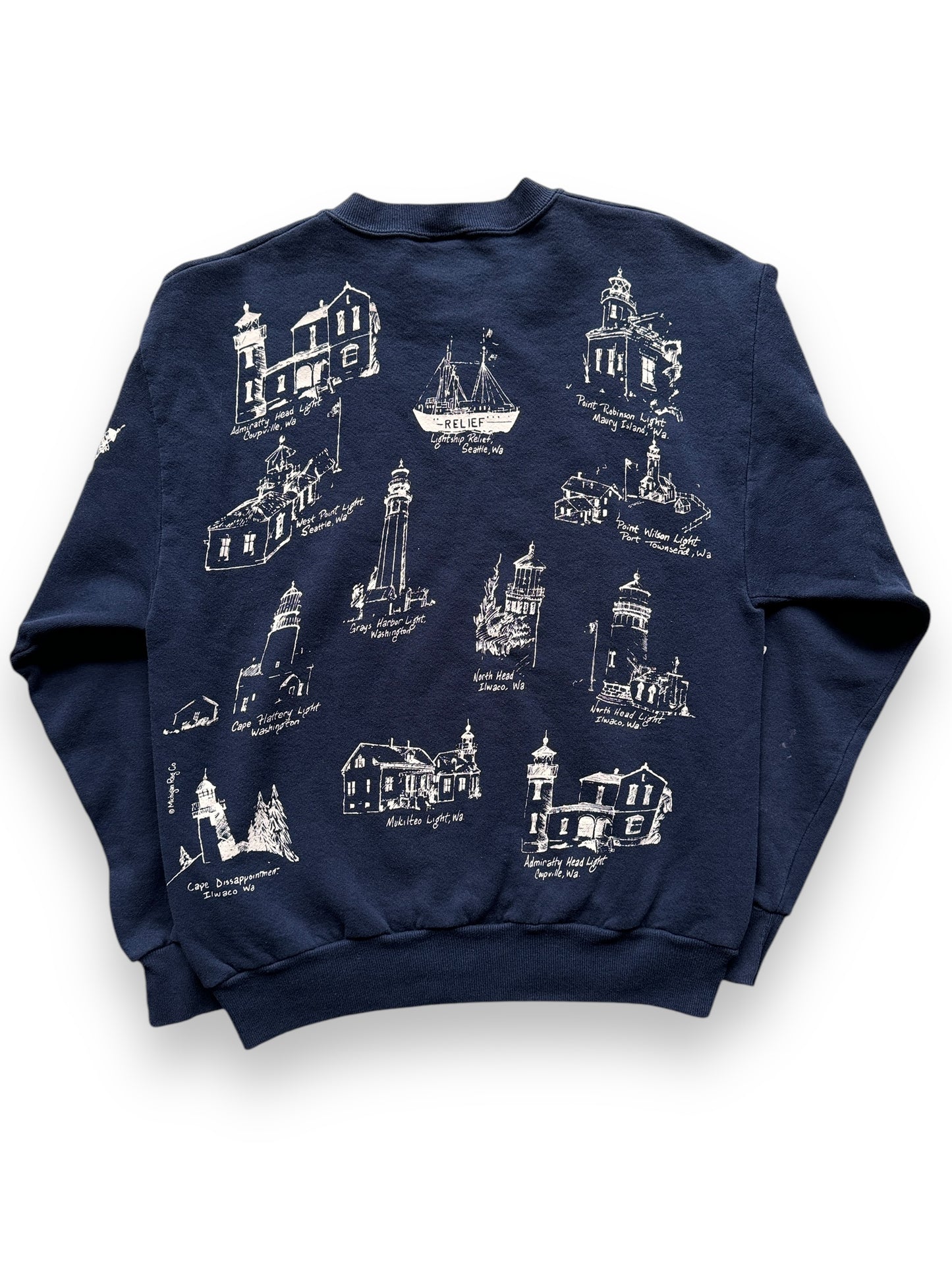 back of Vintage Washington Lighthouses AOP Crewneck SZ M