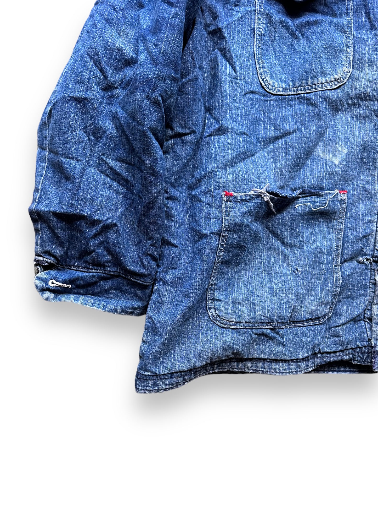 Lower Front Right View of Vintage Blanket Lined Wrangler Blue Bell Chore Coat SZ 50 | Vintage Denim Jacket Seattle | Seattle Vintage Clothing