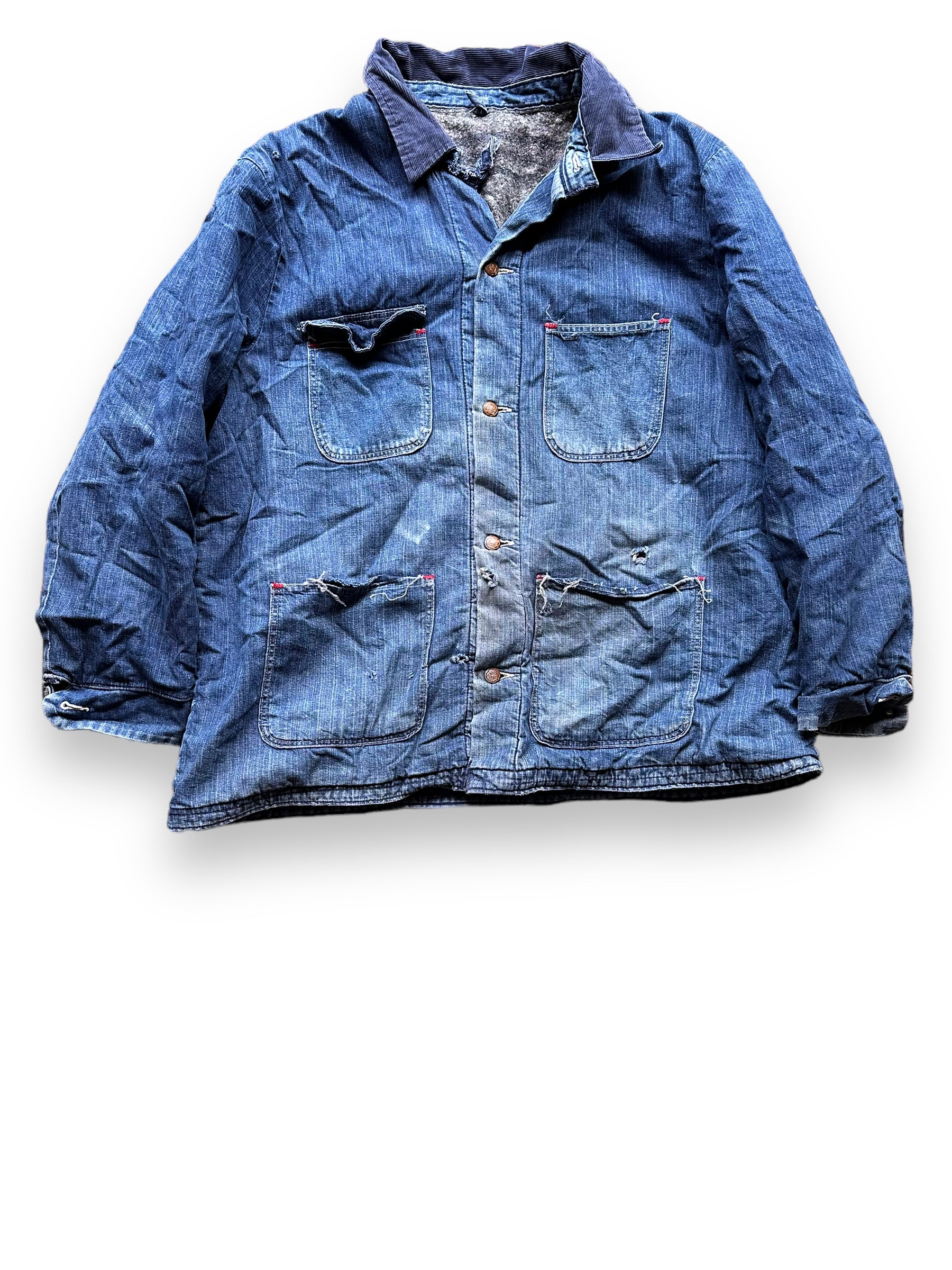 Front View of Vintage Blanket Lined Wrangler Blue Bell Chore Coat SZ 50 | Vintage Denim Jacket Seattle | Seattle Vintage Clothing