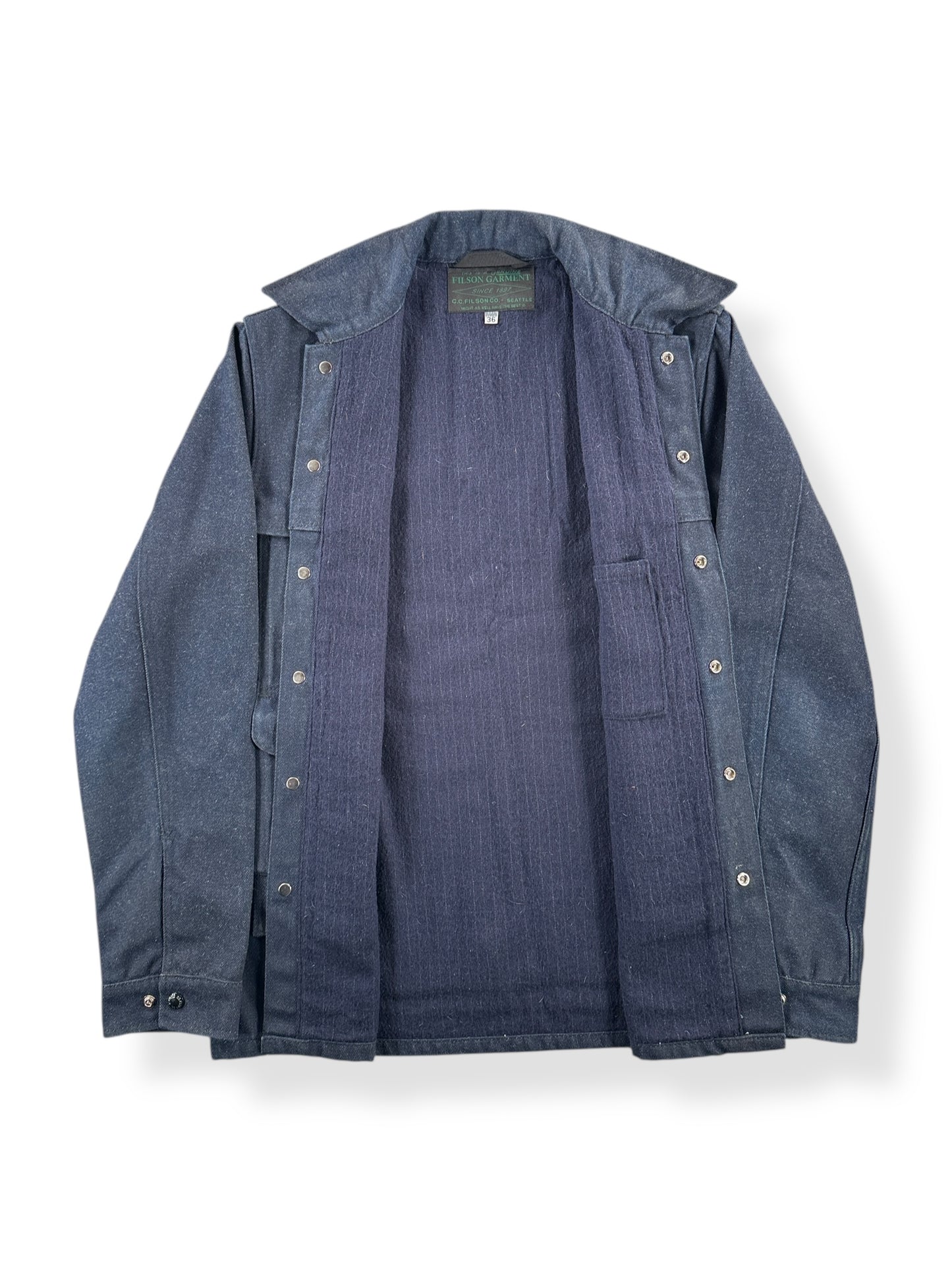 Inside of Filson X Tellason Waxed Denim Cruiser Jacket SZ 36