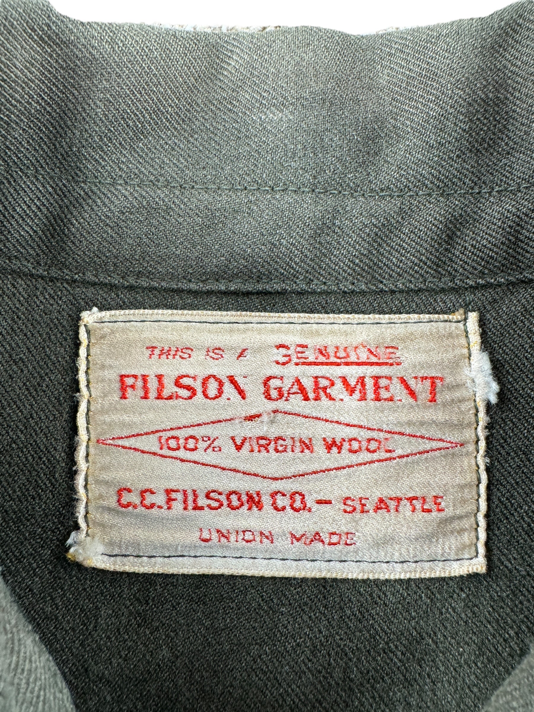 Tag on Vintage Union Made Filson Forestry Cloth Jacket SZ M