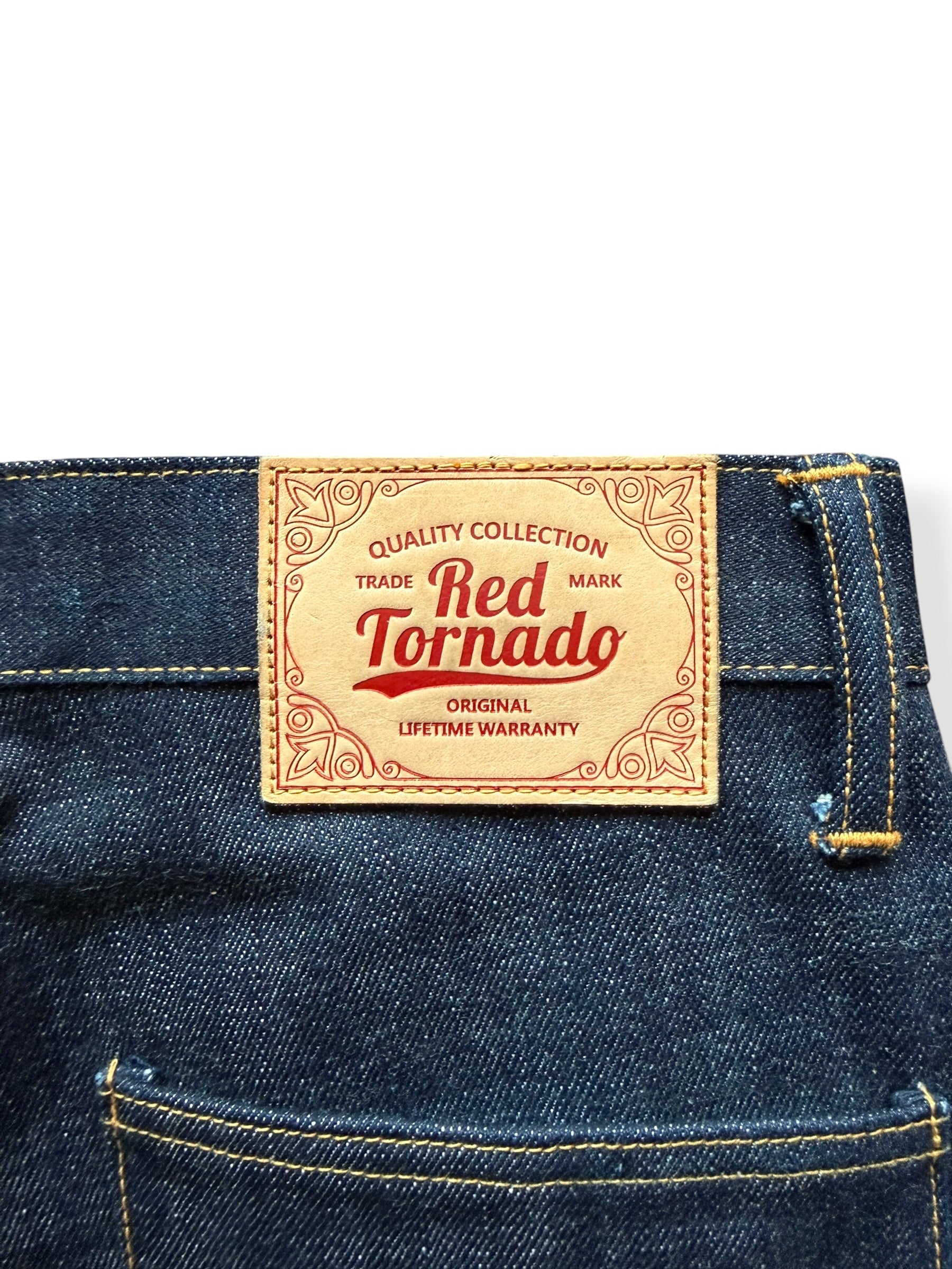 Back brand patch on Red Tornado Japanese Selvedge Denim W33
