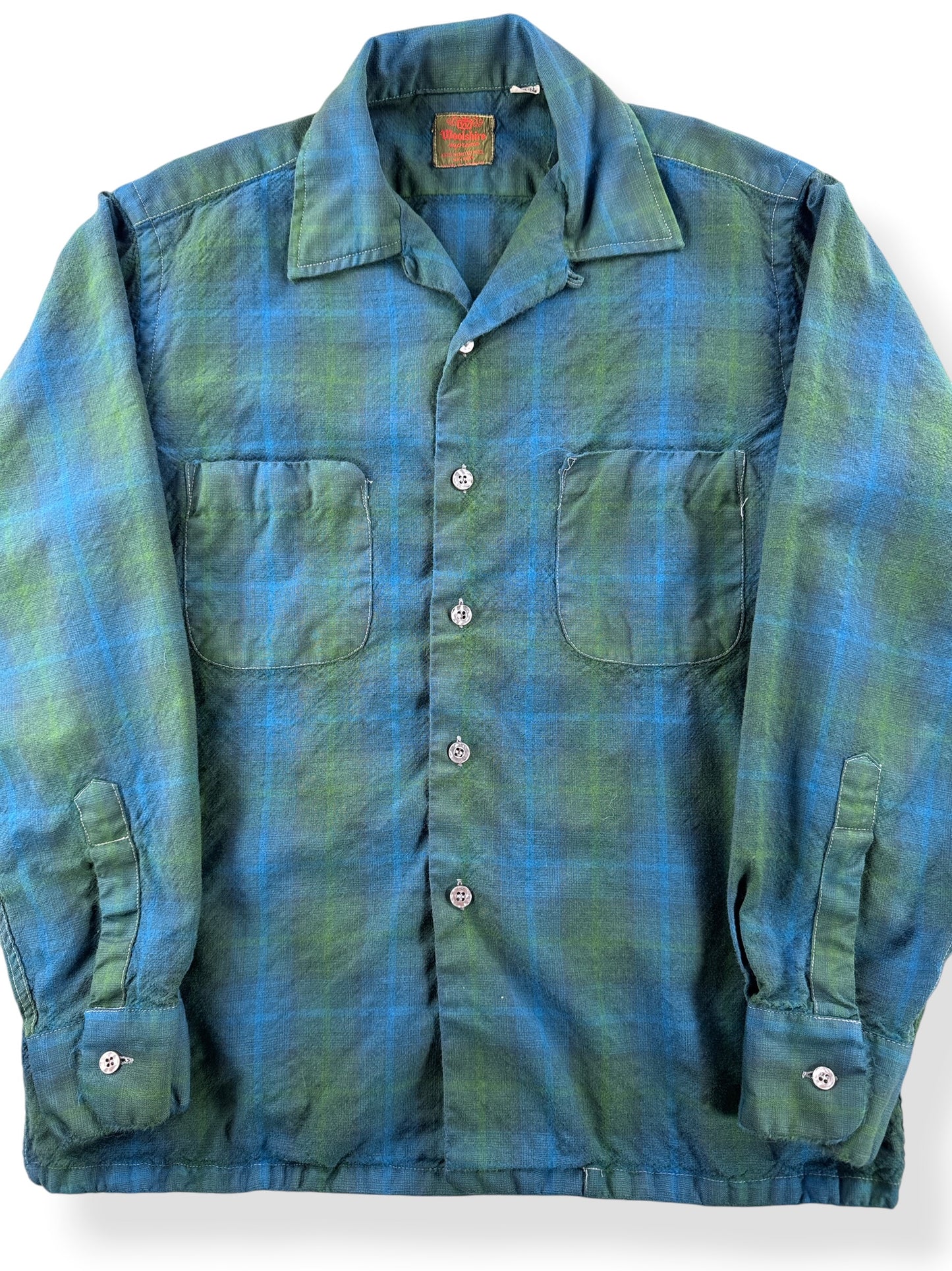 Close-up of Vintage Woolshire Shadow Plaid Loop Collar Shirt SZ M - AS IS