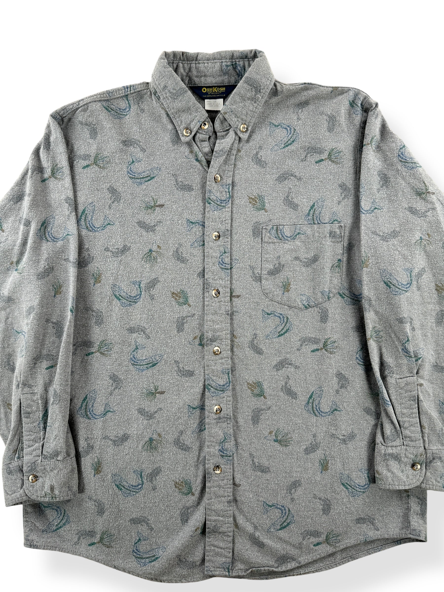 Front Close Up of Vintage Oshkosh Flyfishing Chamois Shirt SZ L