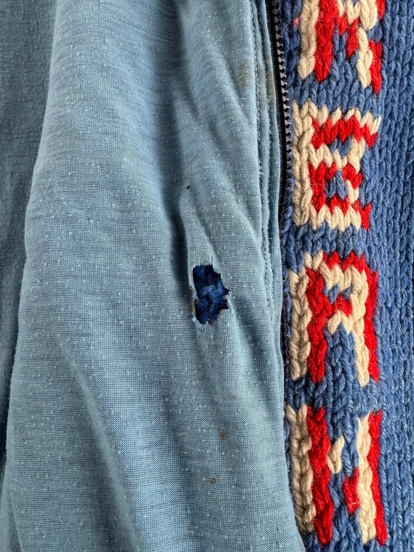 Hole on Lining on Vintage Fairbanks Alaska Bulldozer Cowichan Style Sweater SZ L