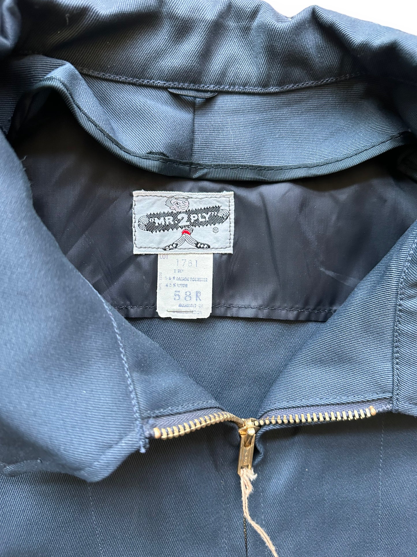 Sizing Tag on Vintage NOS Mr 2-Ply Slate Grey Gas Station Jacket SZ 58 | Vintage Workwear Jacket Seattle | Seattle Vintage Clothing