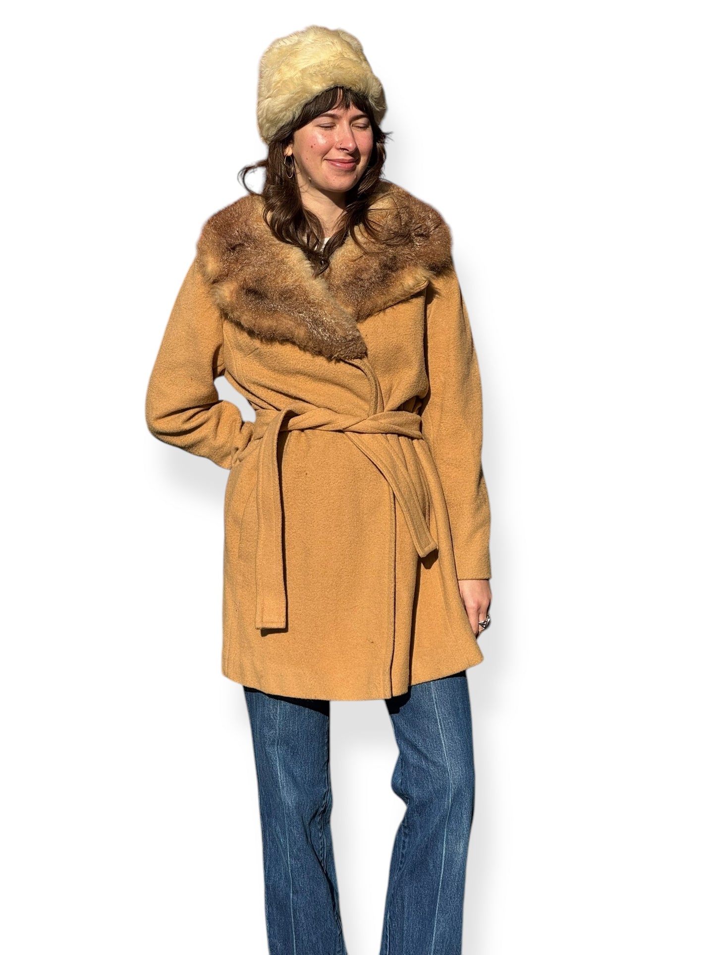 1960s Belted Camel Coat with Fur Collar M