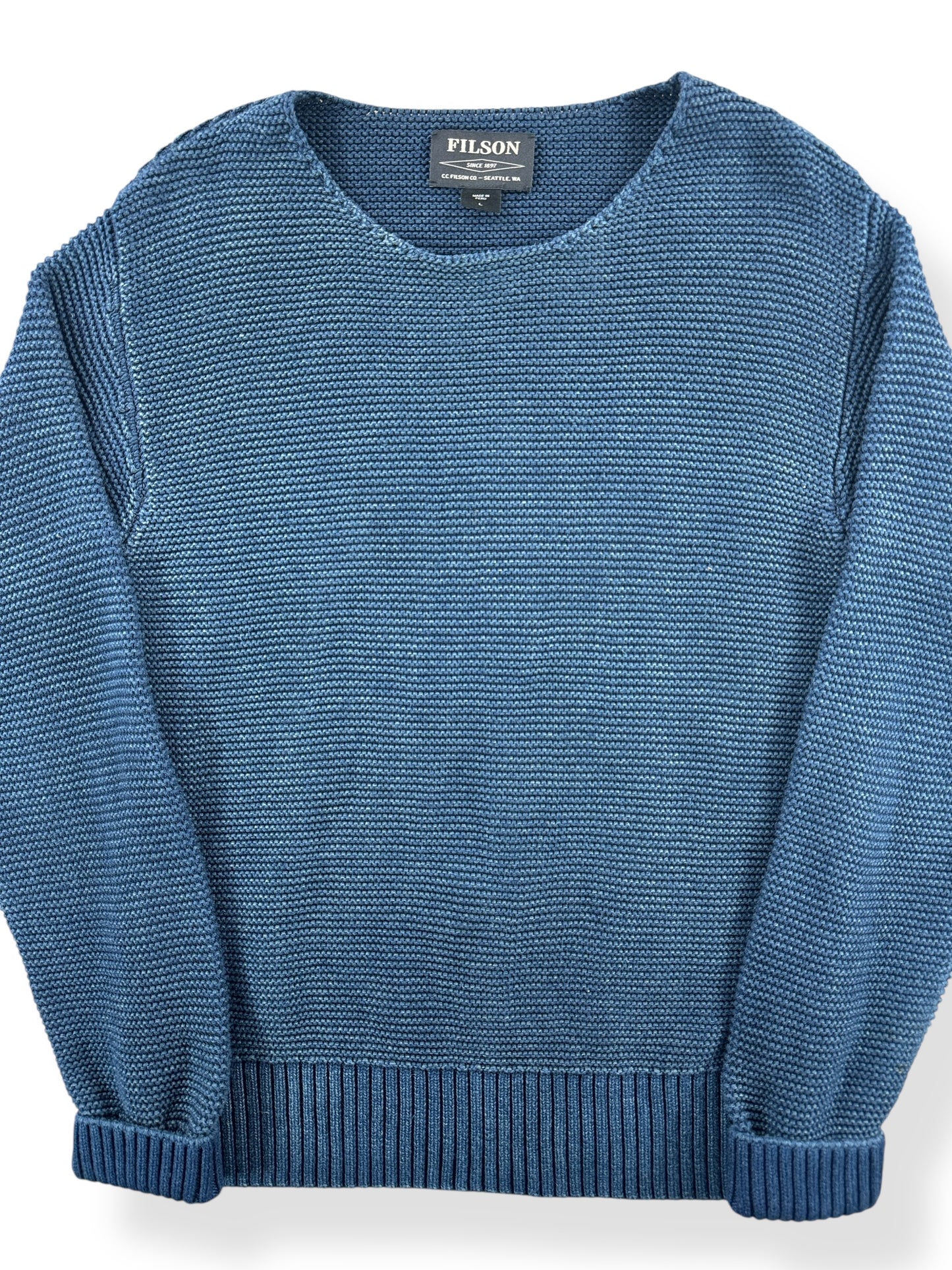 Front Close Up of Filson Women's Blue Lake Quinault Sweater SZ L