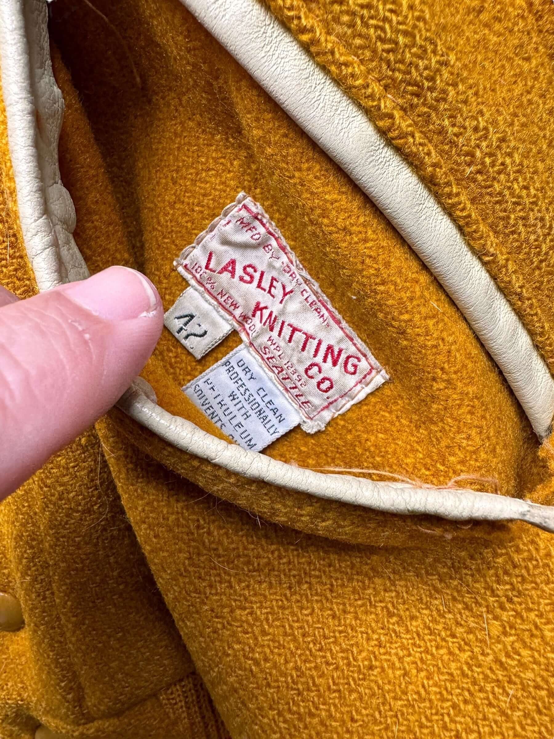 Tag View on Vintage Lasley Mustard Yellow Wool Lettermans Jacket SZ 42