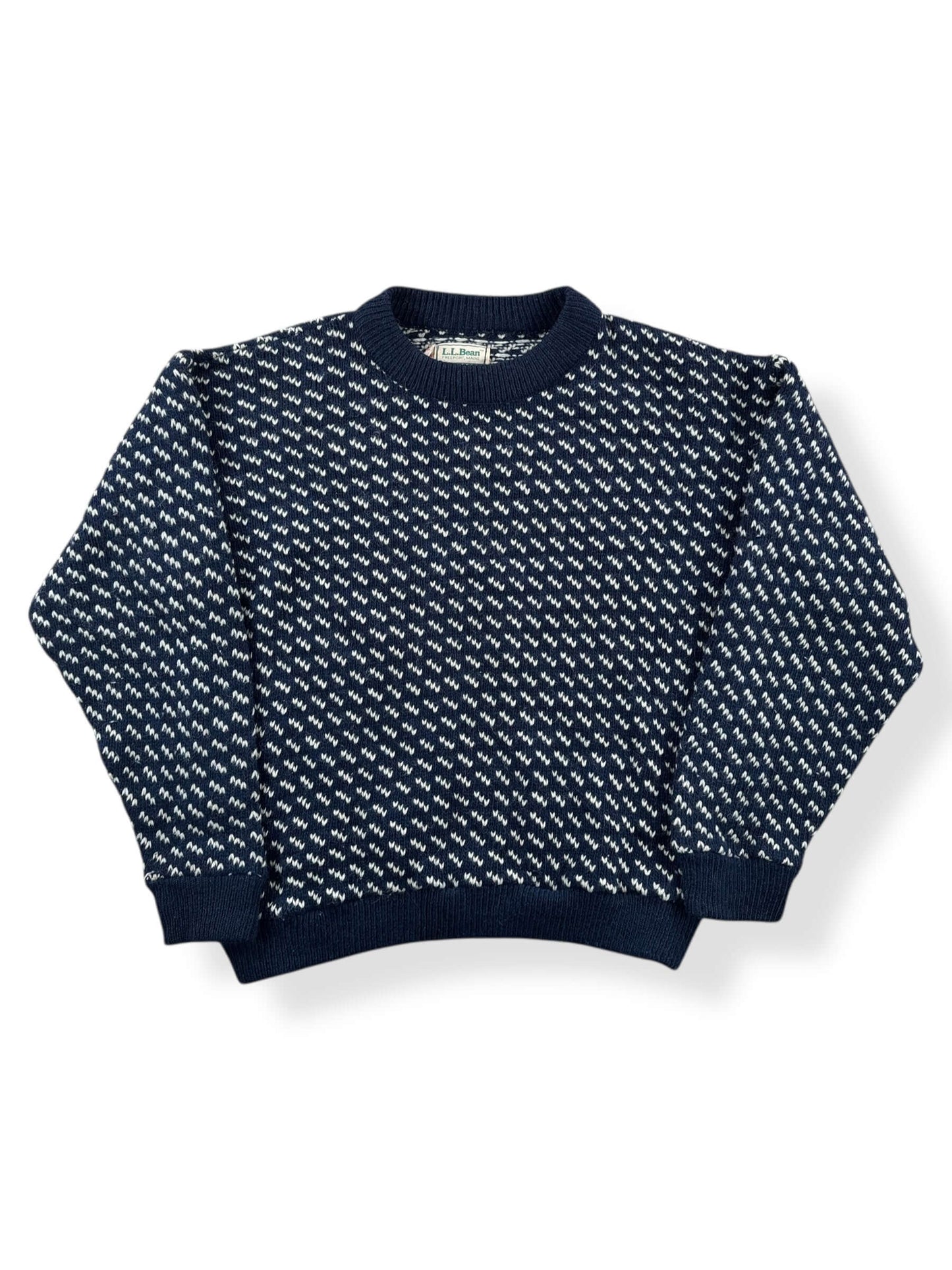 Front of Vintage Ladies LL Bean Birdseye Nordic Blue and White Sweater SZ M