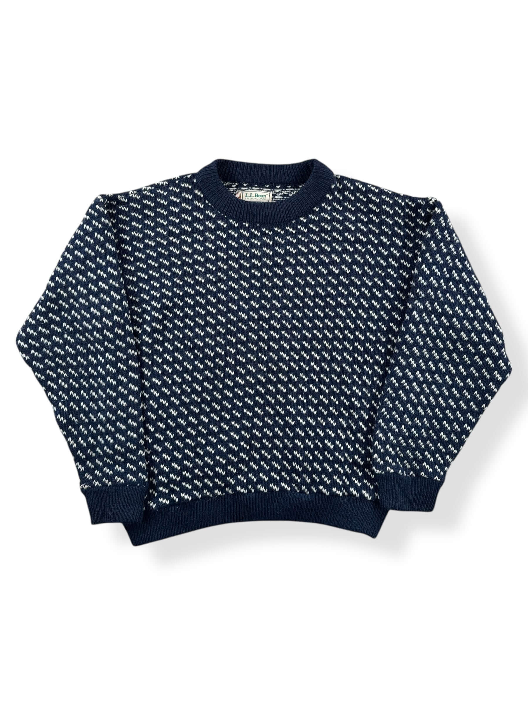 Front of Vintage Ladies LL Bean Birdseye Nordic Blue and White Sweater SZ M