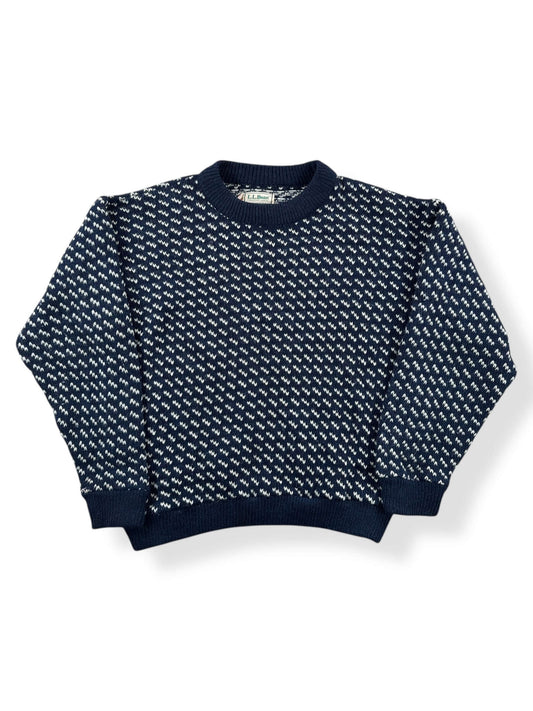 Front of Vintage Ladies LL Bean Birdseye Nordic Blue and White Sweater SZ M