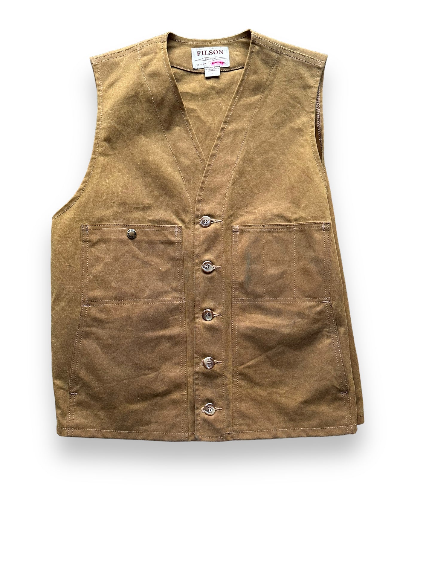 Front View of Filson Tin Cloth Vest SZ L | Filson Bargain Outlet Seattle | Barn Owl Vintage
