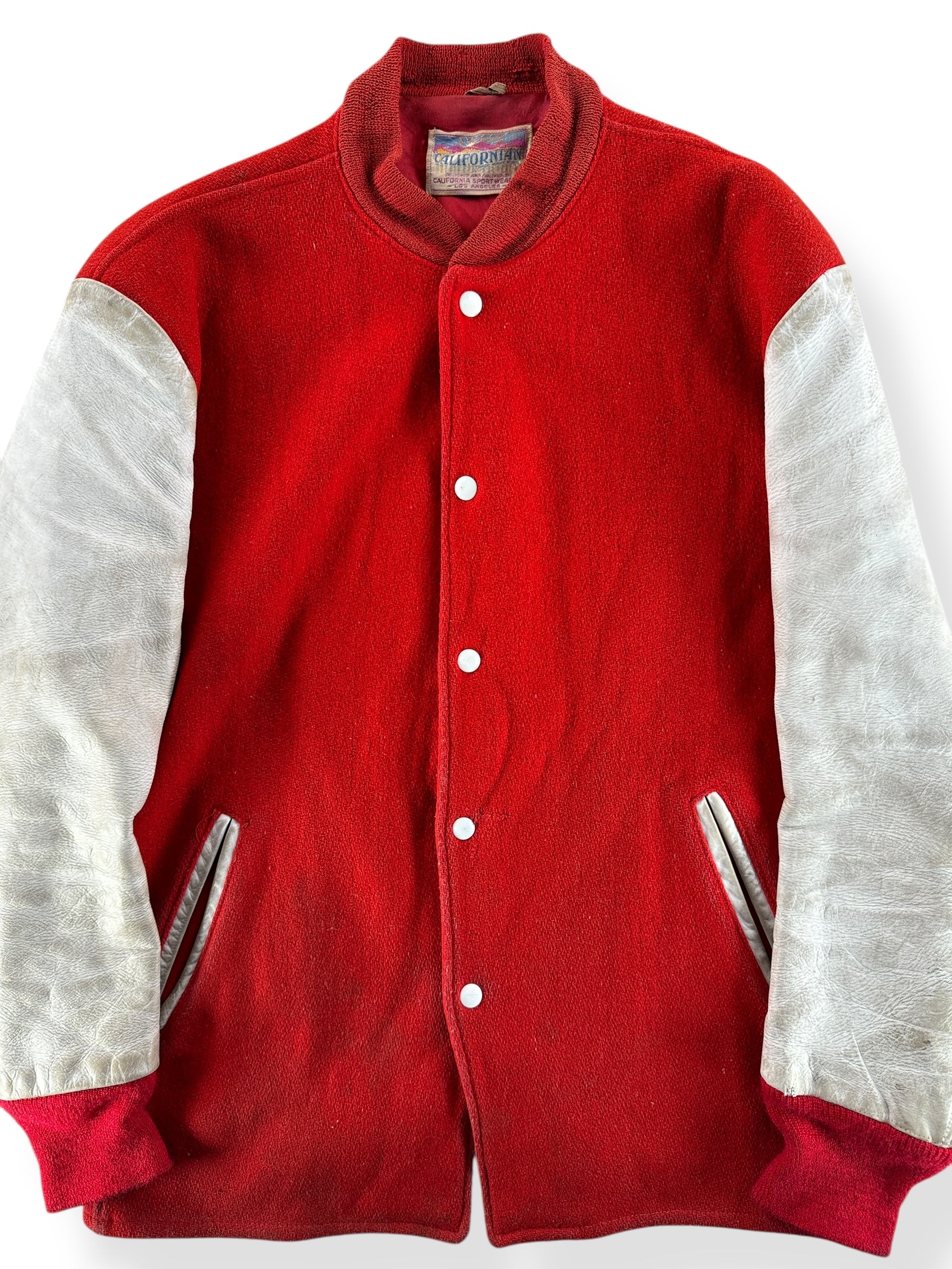 Front Close Up of Vintage Californian Red & White Varsity Jacket SZ 40