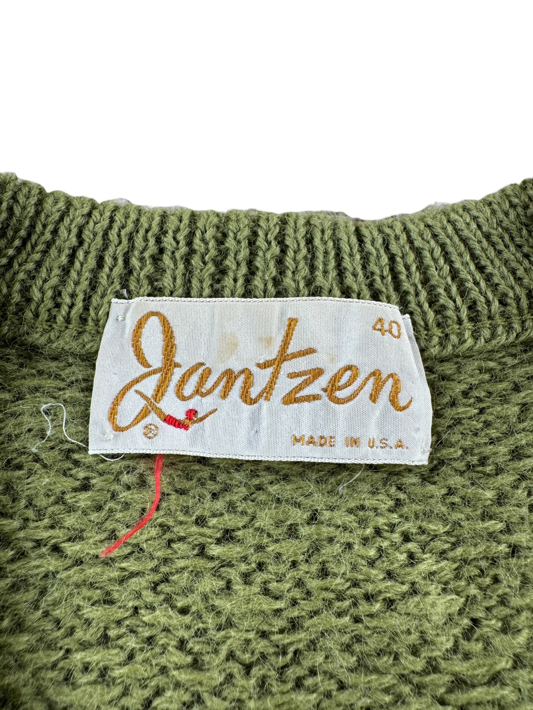 Label on Vintage Jantzen Green Wool Sweater SZ 40