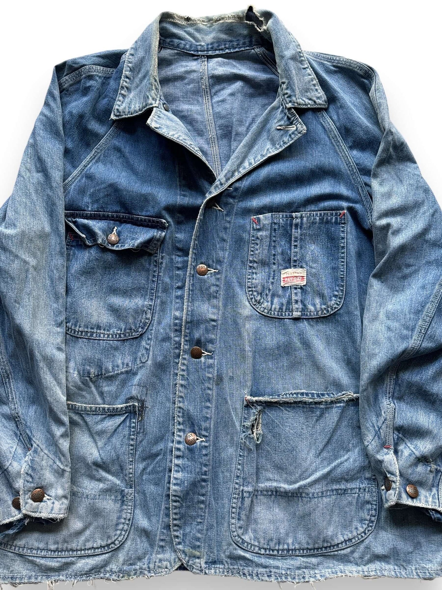 front close up of Vintage Penney's Pay Day Denim Chore Coat SZ 46