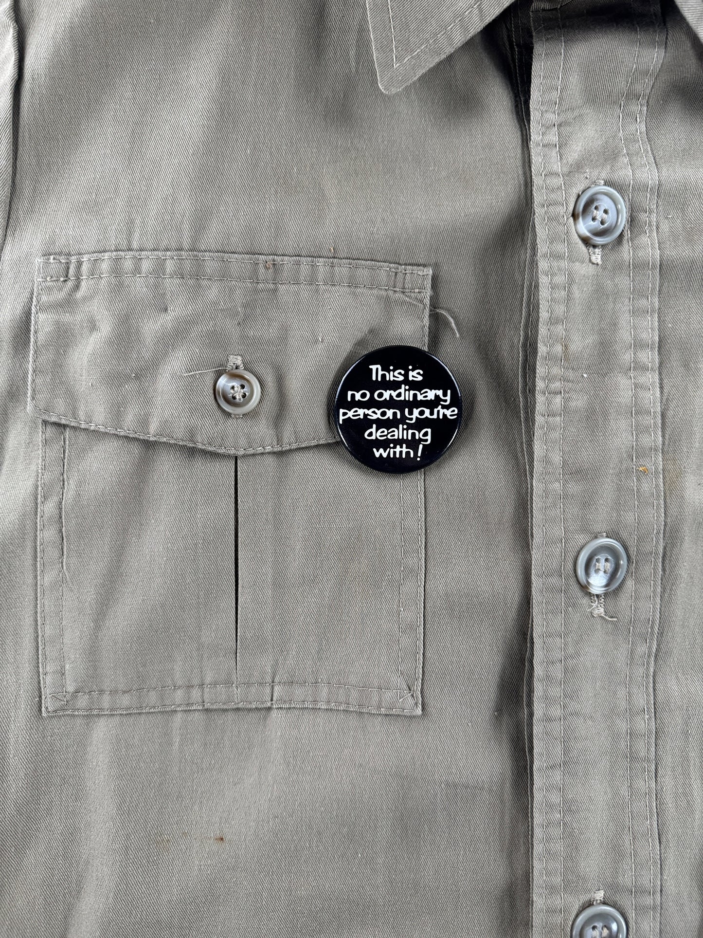 Pin on right breast pocket of Vintage Filson Eddie Bauer Woodland Park Zoo Safari Shirt SZ S