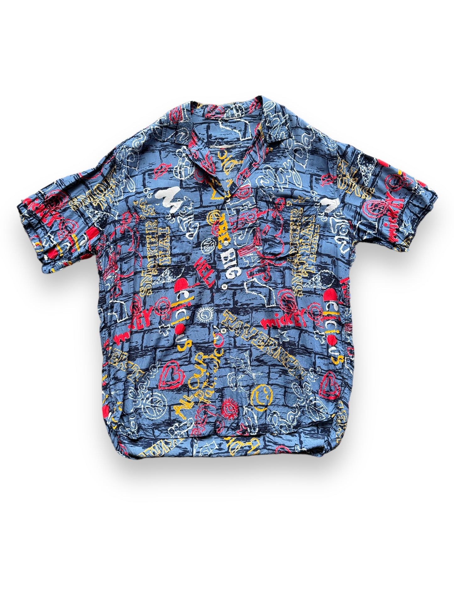 front of Vintage Graffiti Style Aloha Shirt SZ L