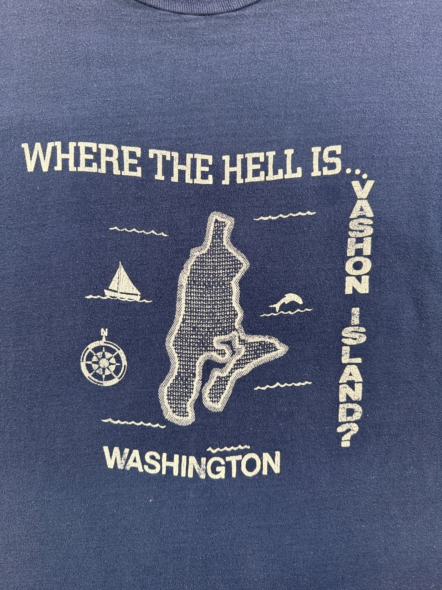 Front Graphic of Vintage Where the Hell is Vashon Island Tee SZ L