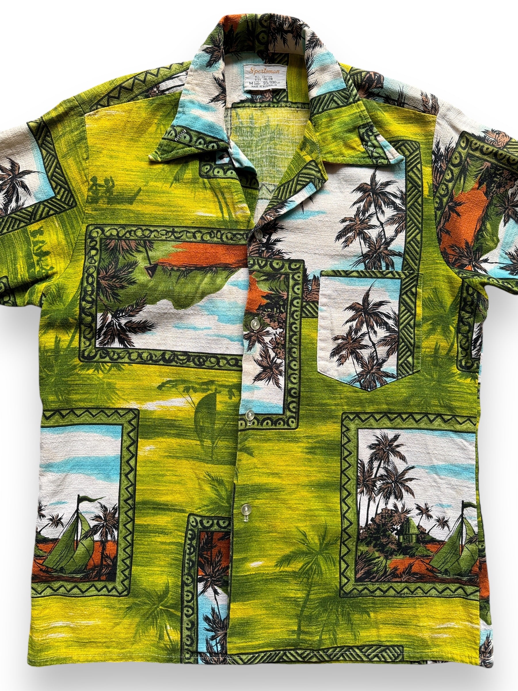 front close up of Vintage Sportsman Barkcloth Aloha Shirt SZ M