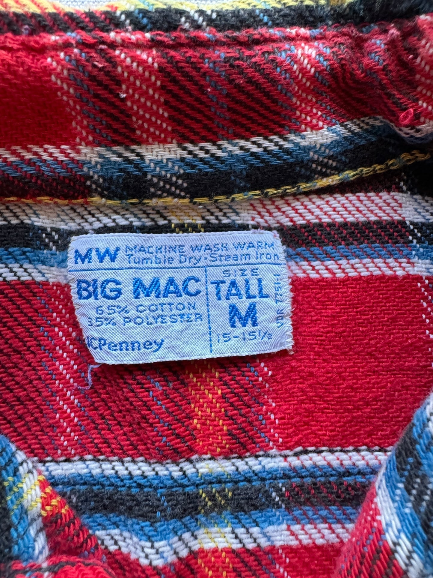 tag on Vintage Big Mac Blue/Yellow/Red Altered Sleeves Cotton Flannel SZ M Tall