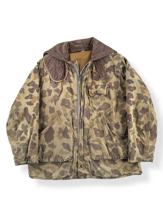 Front of Vintage Duck Camo Split Hood Hunting Jacket SZ M