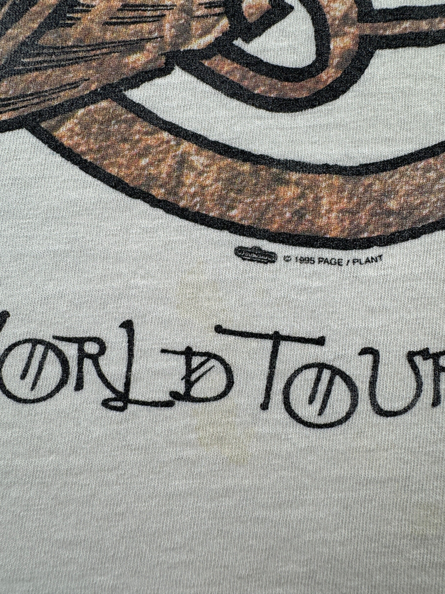 Stain on Vintage 1995 Winterland Robert Plant Jimmy Page World Tour Tee SZ XL