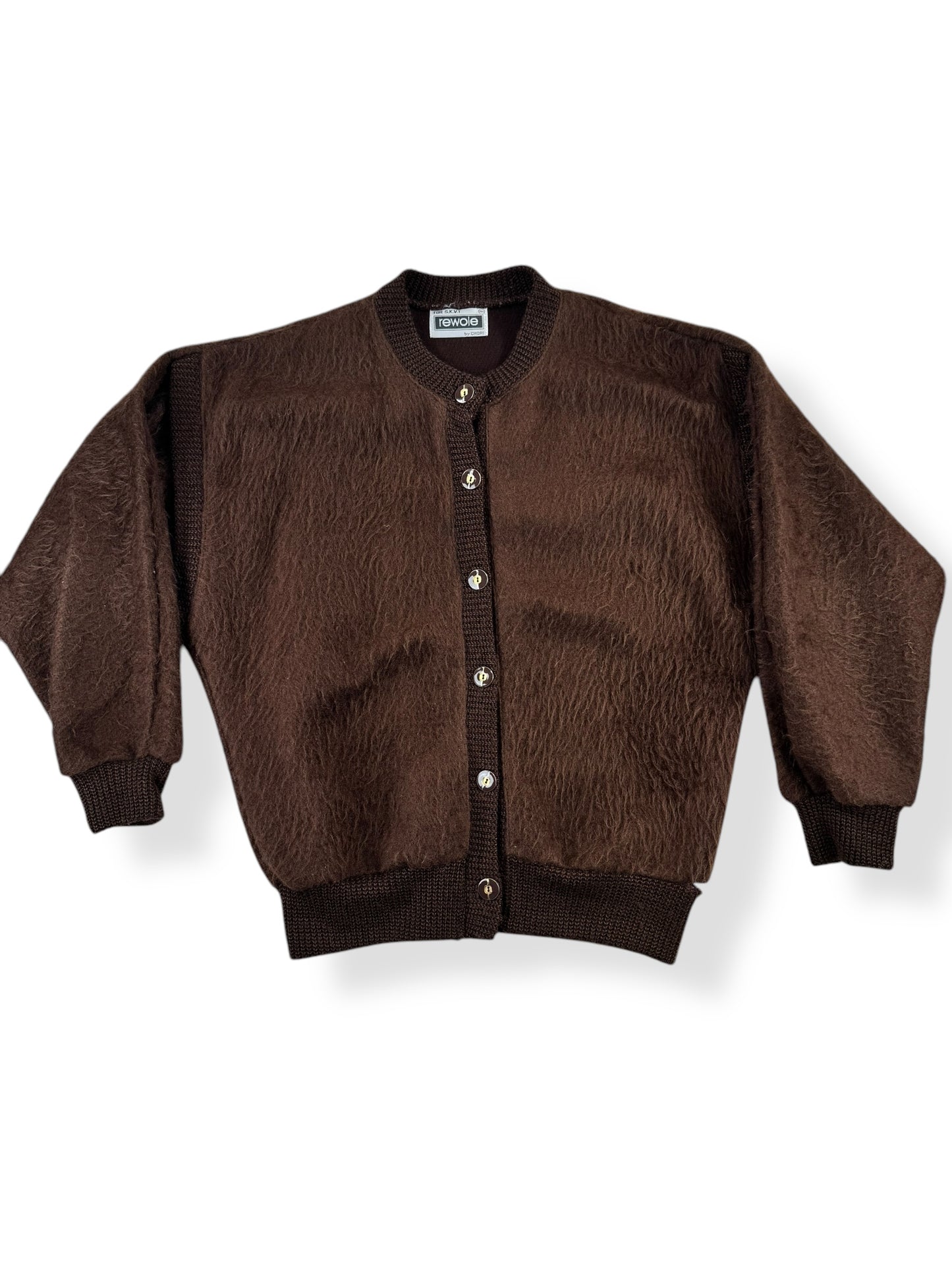 Front view of 1980s Brown Acrylic Mohair Cardigan L