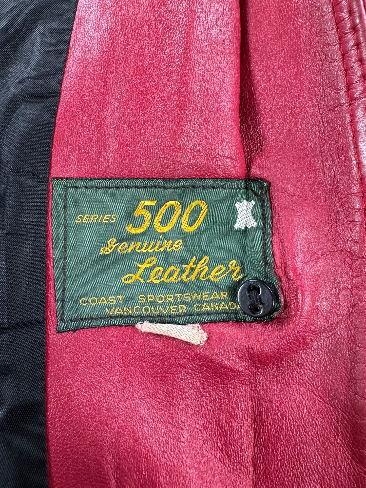 Label on Vintage Womens 70s Series 500 Red Leather Trench Coat SZ L