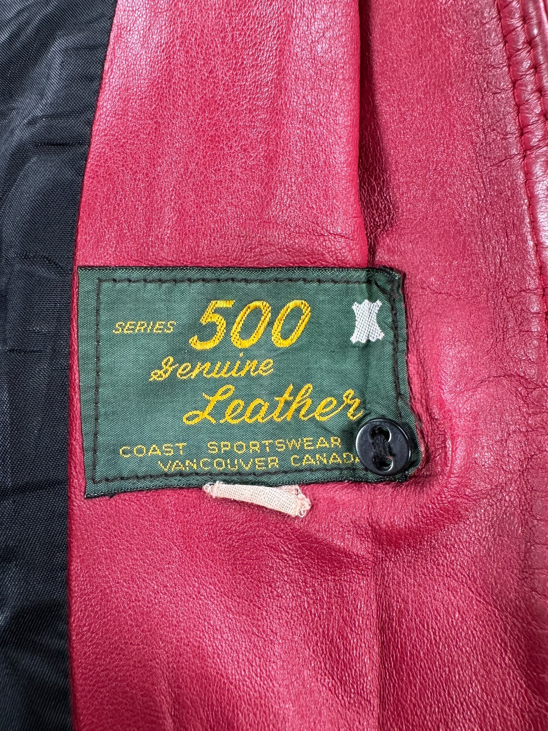 Label on Vintage Womens 70s Series 500 Red Leather Trench Coat SZ L