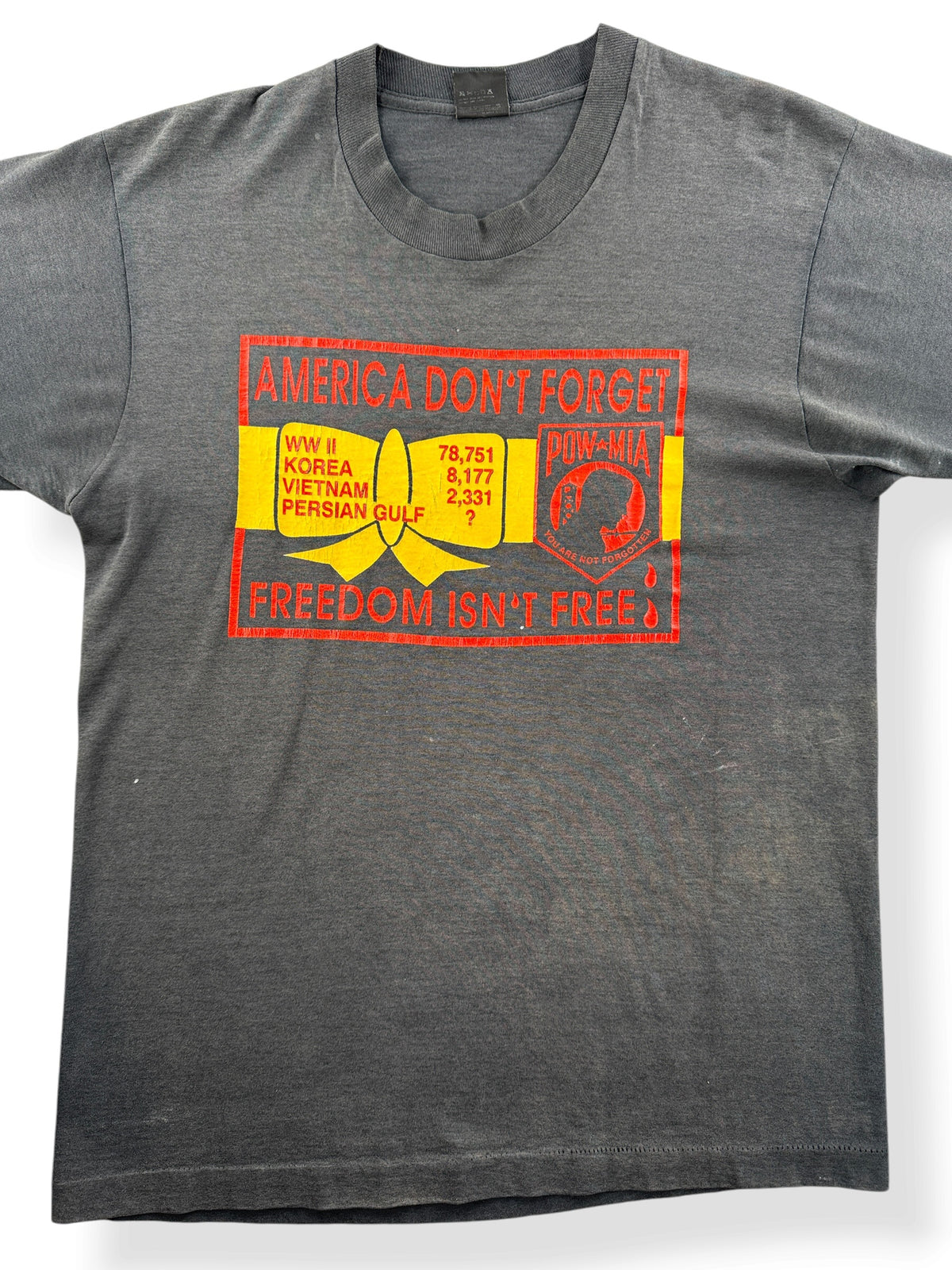 Close-up of Vintage America Don't Forget POW-MIA Tee SZ L (Fits M)