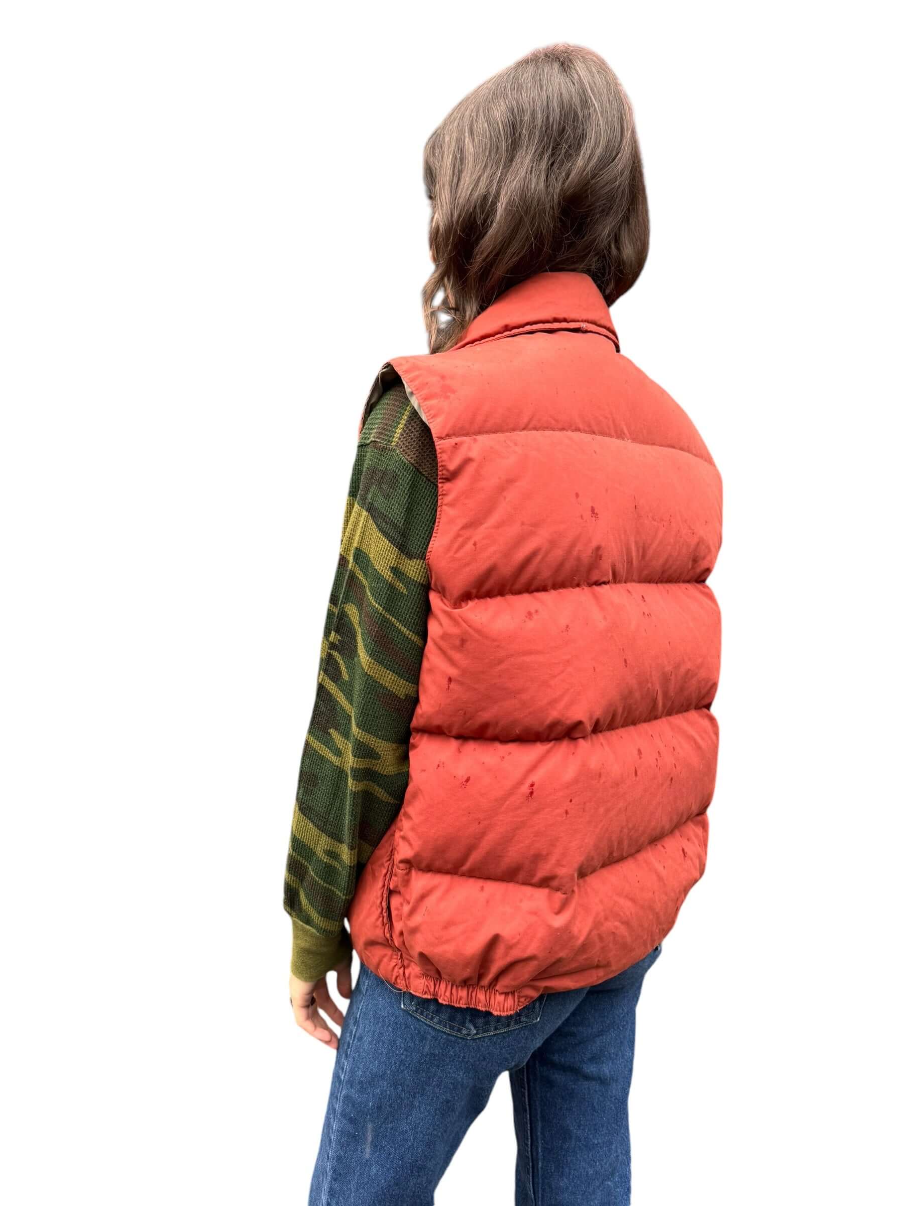 Side model view 1970s Sears Burnt Orange Puffer Vest L