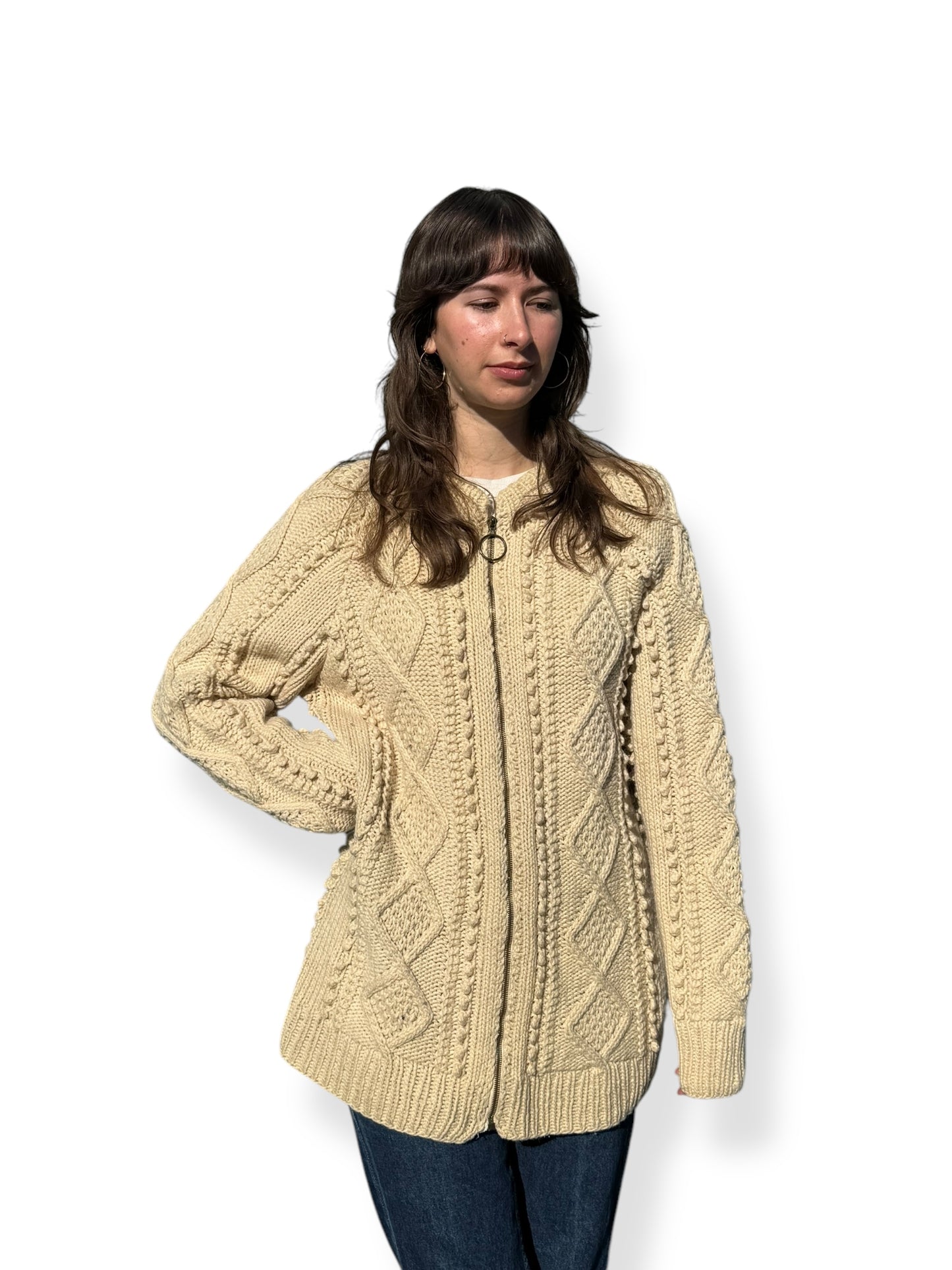 1940s Handmade Cable Knit Zip Up X-XL