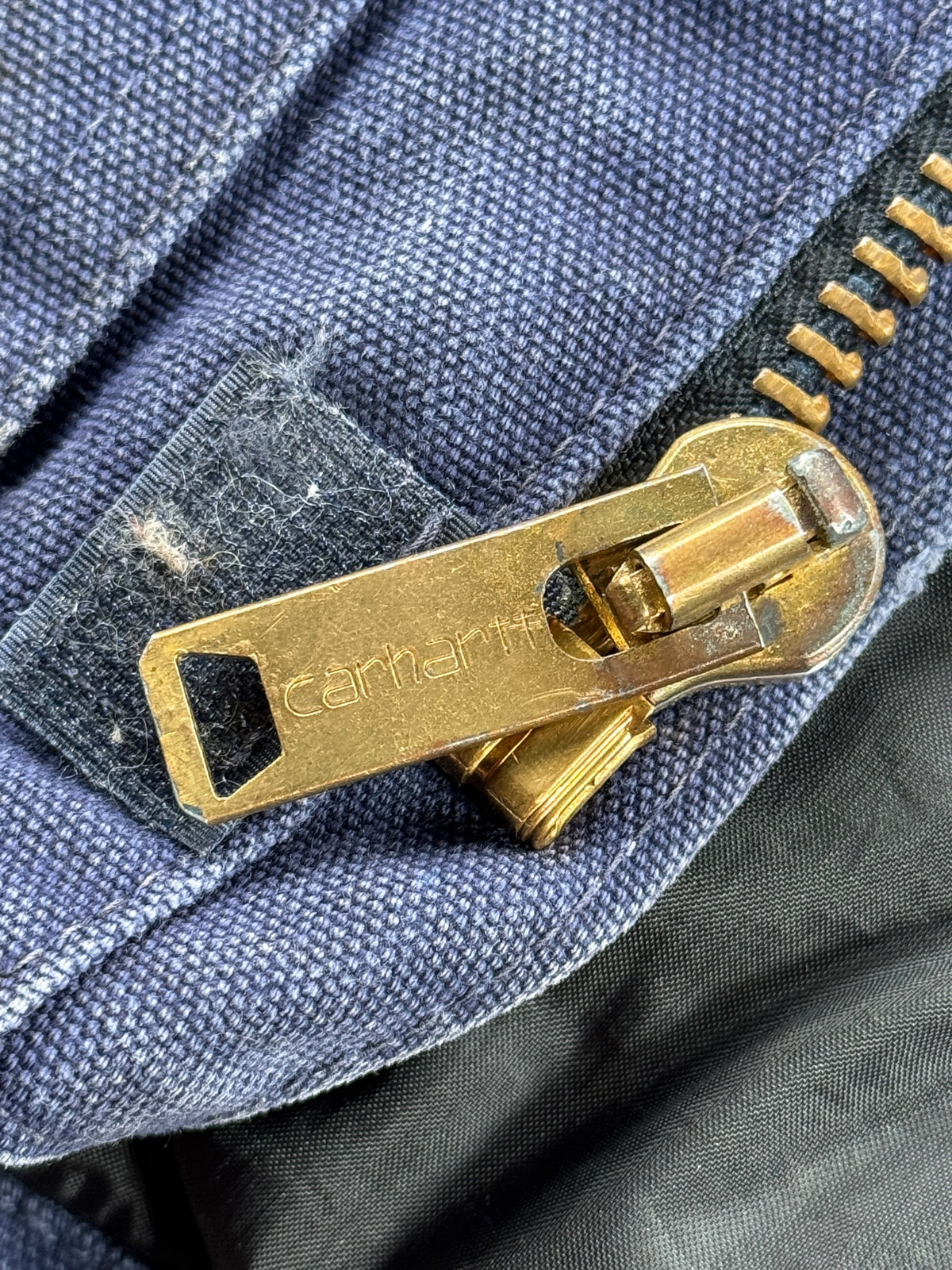 Zipper on Vintage Faded Blue Carhartt Arctic Jacket SZ 40