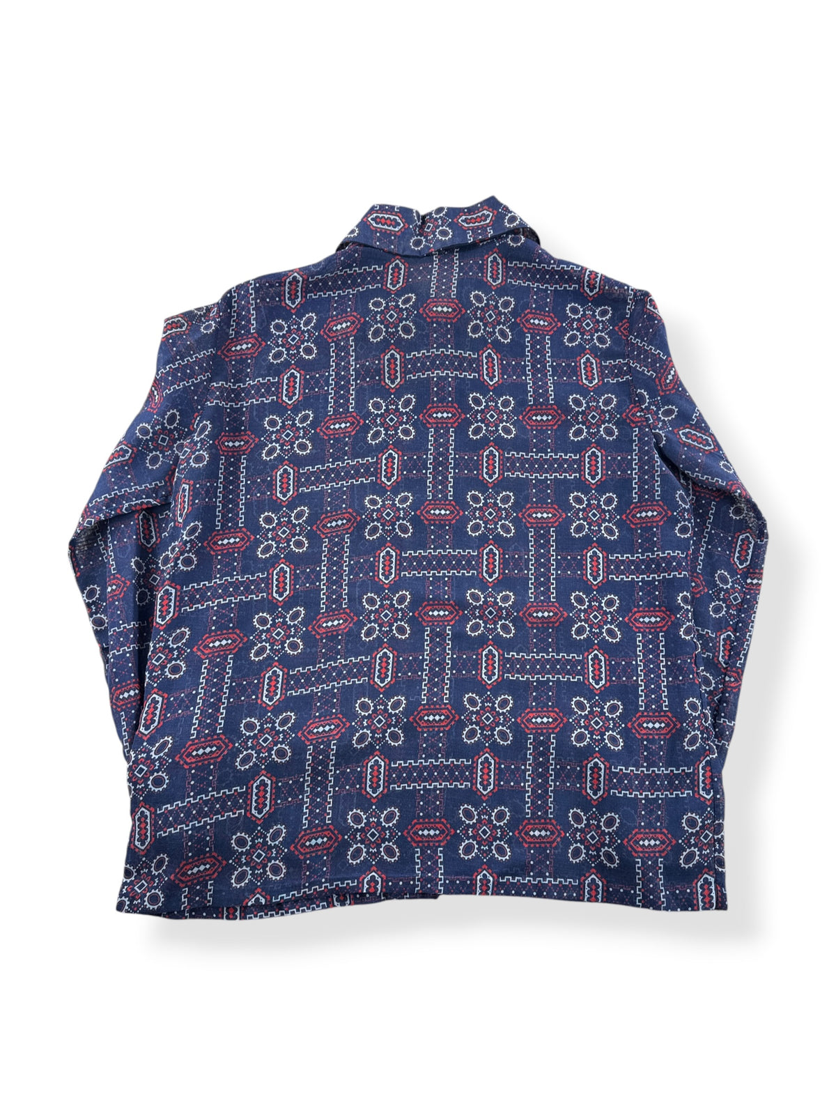 Back of Vintage Sheer Red White And Blue Printed Blouse SZ L