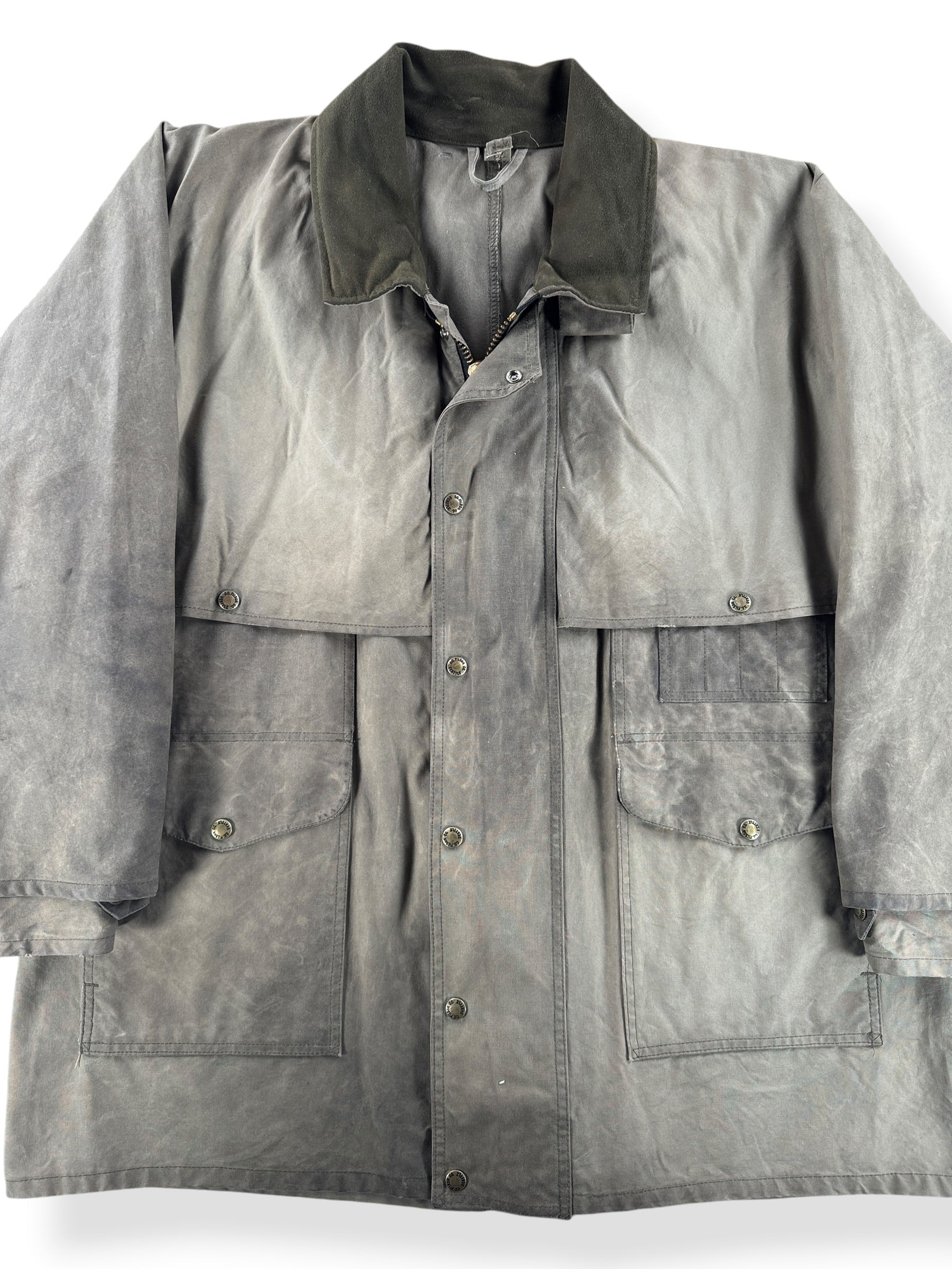 Front Close Up of Filson Shelter Cloth Waxed Cotton Packer Jacket SZ XL