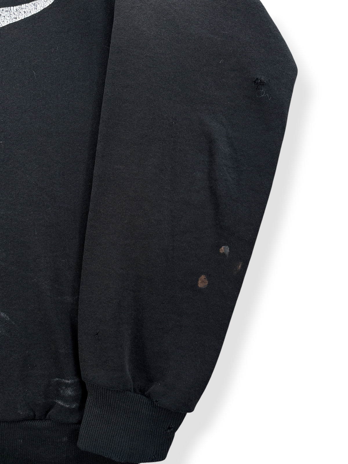 Holes and stains on sleeve of Vintage Ray & Gene's Tavern Crewneck SZ M (Fits S)