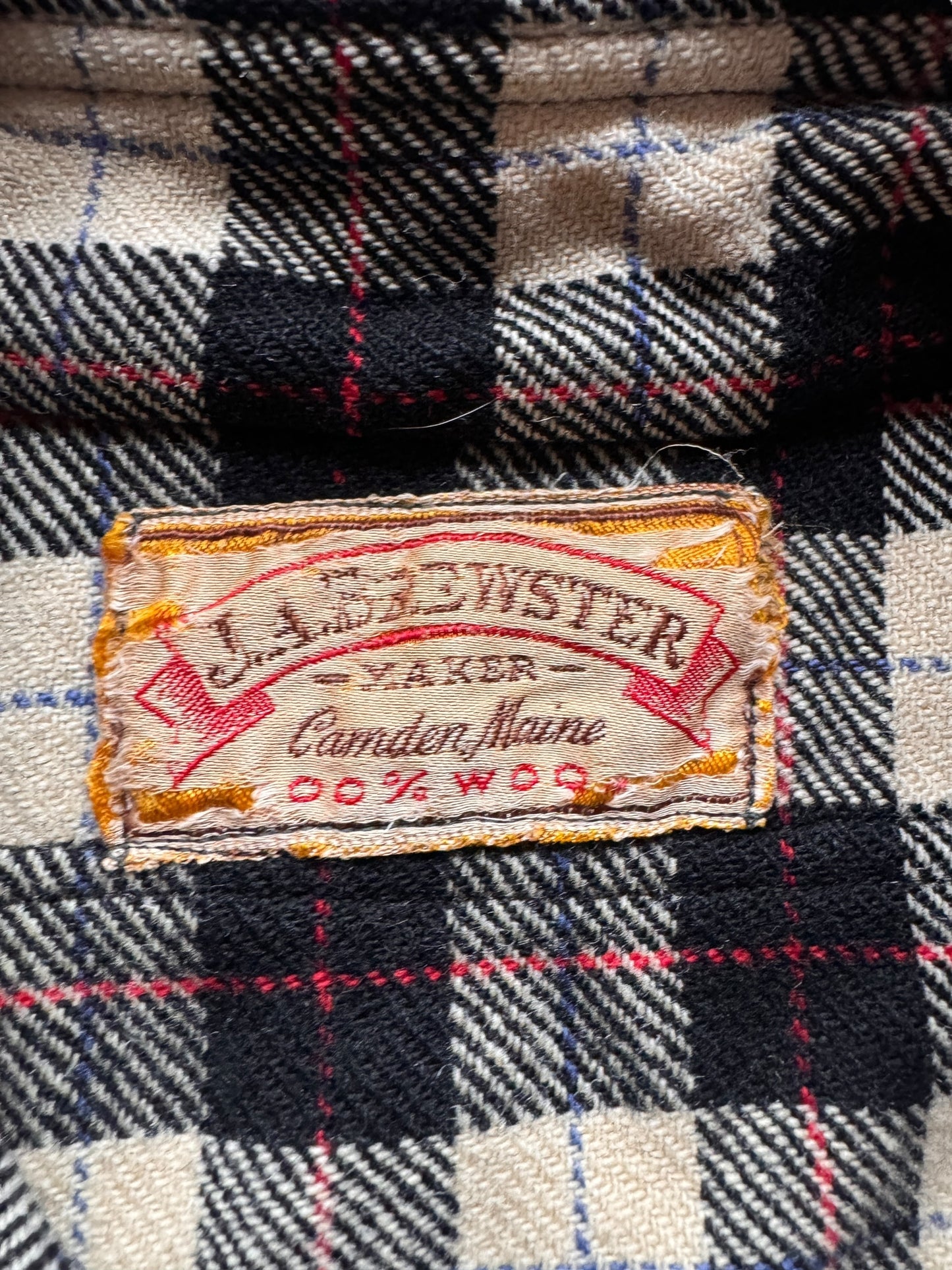 Label on Vintage JA Brewster Camden Maine Wool Flannel SZ M