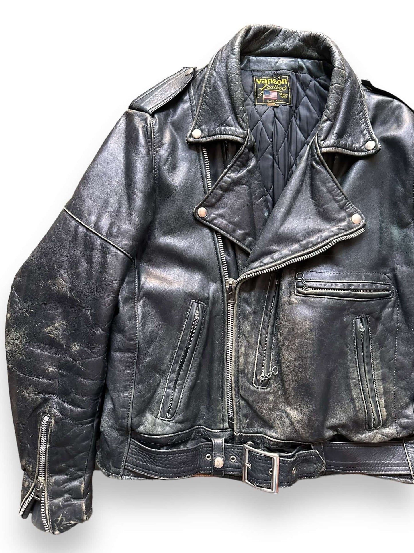 front right of Vintage Vanson Black Leather Biker Jacket SZ 46