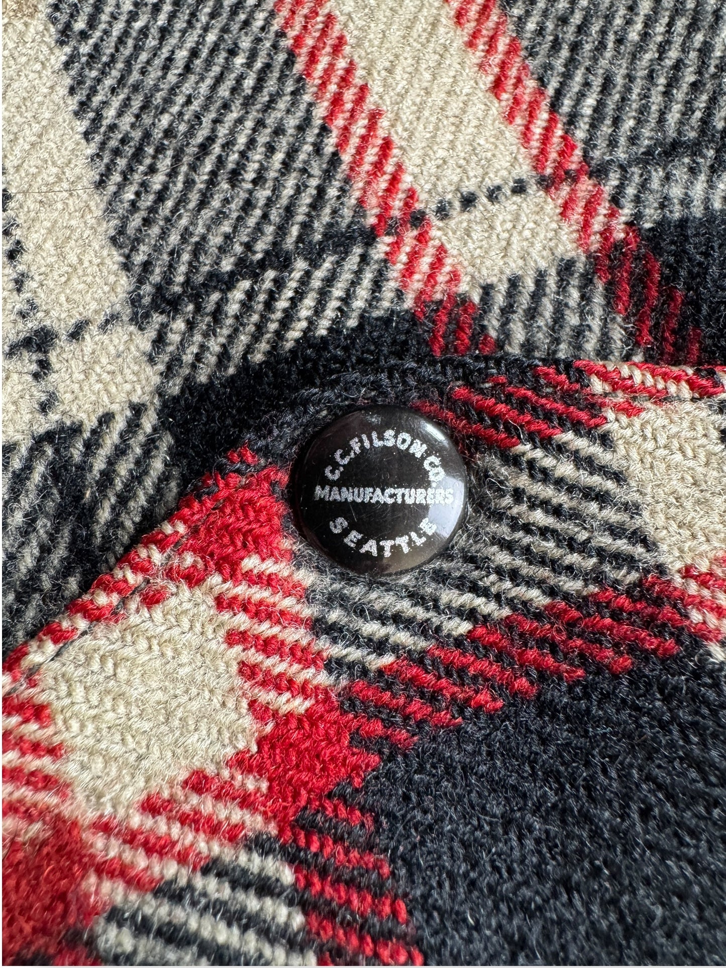 Button on Vintage 1951 Filson Black-Red-White Dark Side Peppermint Patty SZ XL