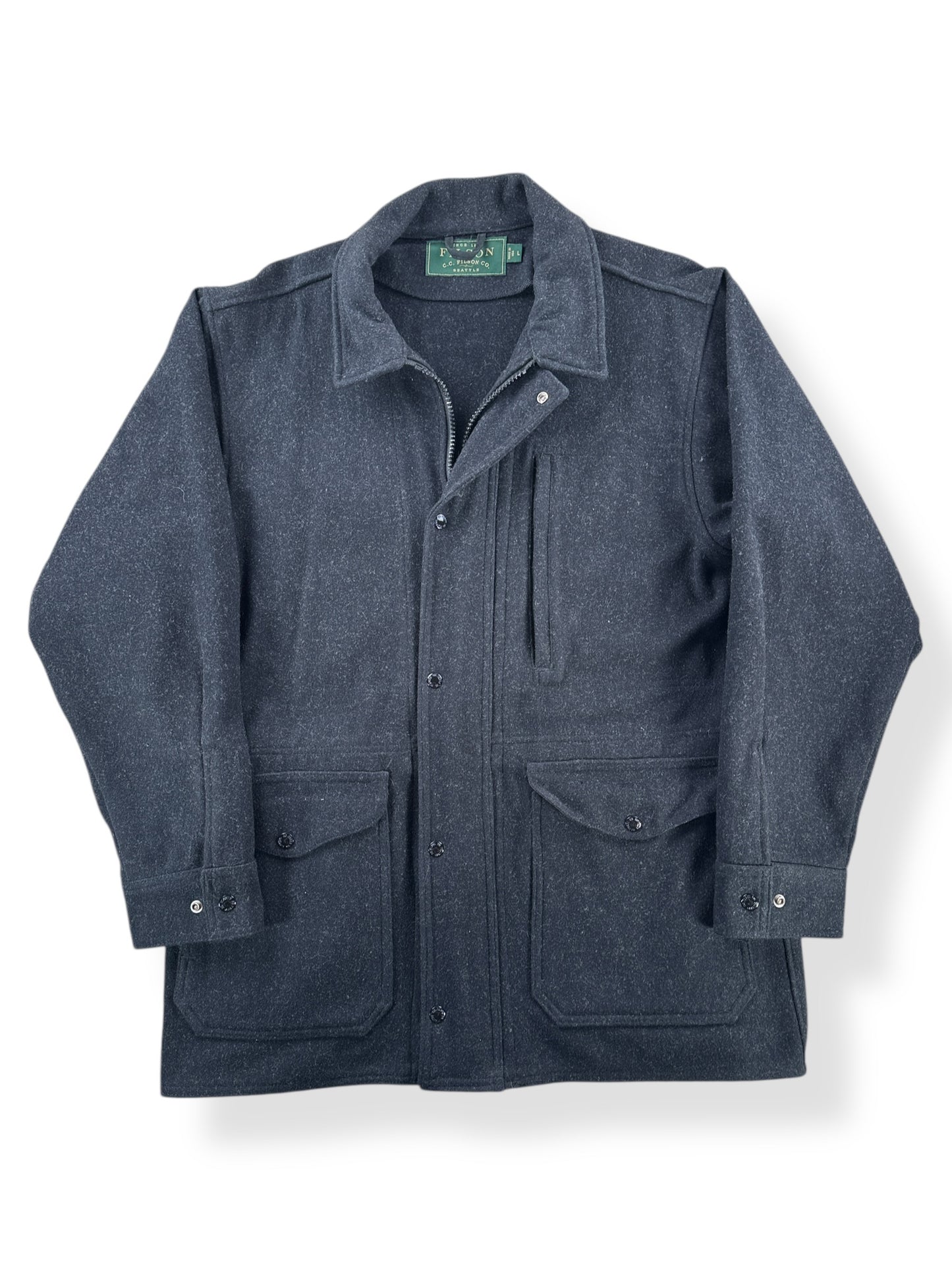 Front of Filson Green Label Mackinaw Wool Coat SZ L