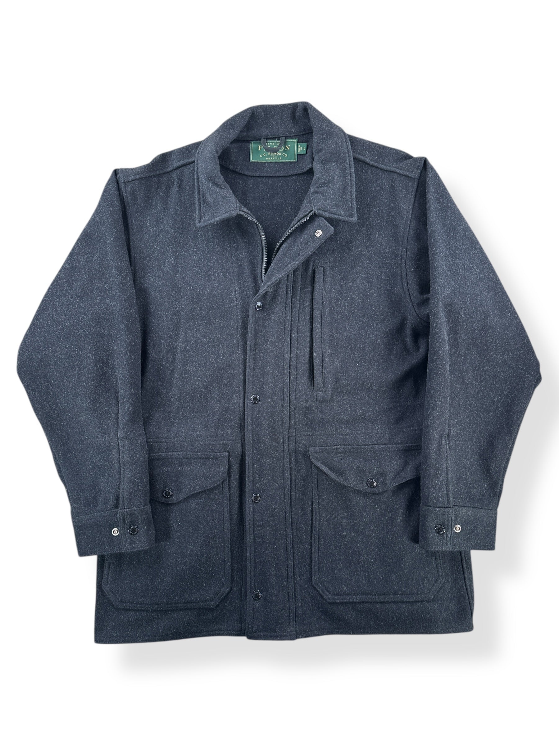 Front of Filson Green Label Mackinaw Wool Coat SZ L