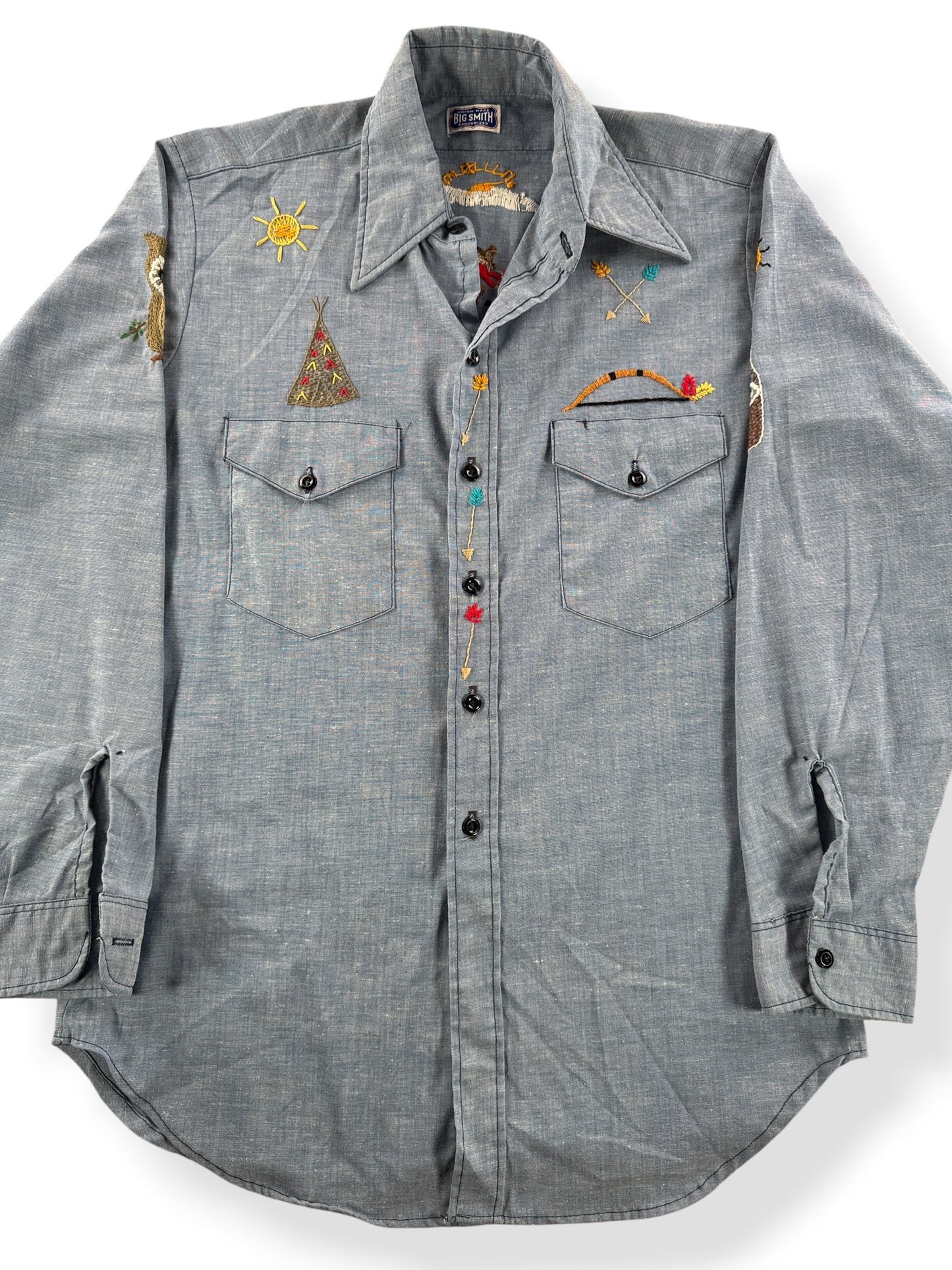 Front Close Up of Vintage Big Smith Embroidered Chambray Shirt SZ L