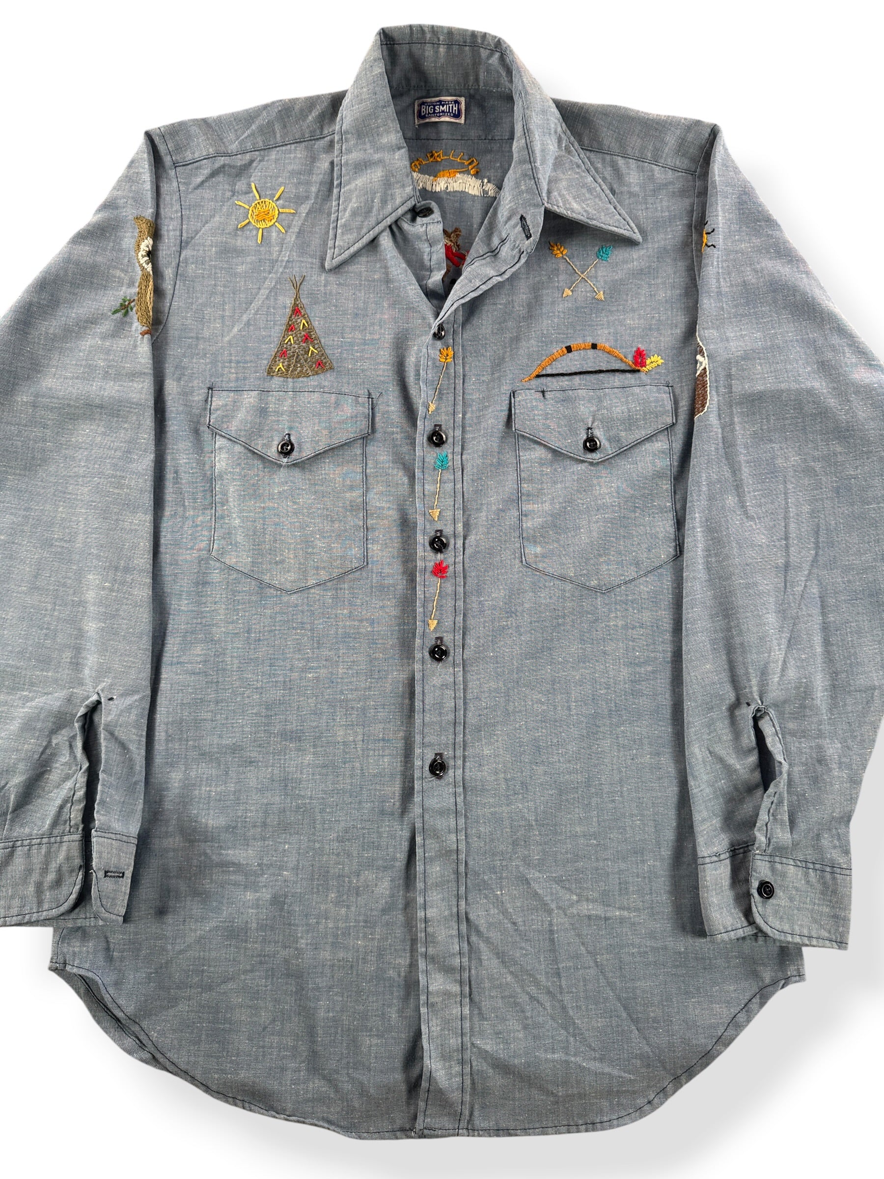 Front Close Up of Vintage Big Smith Embroidered Chambray Shirt SZ L