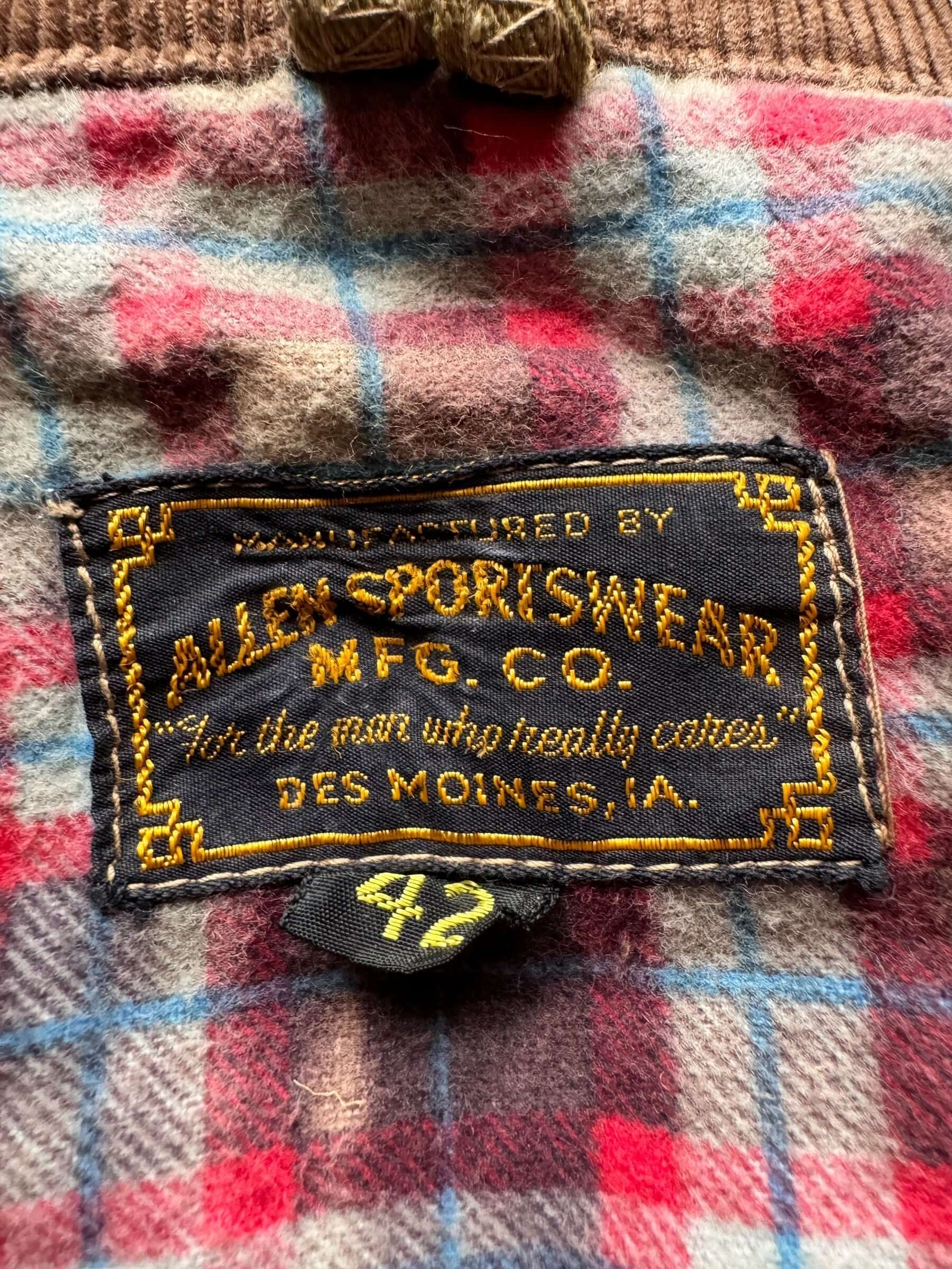 tag on Vintage Allen Sportswear Hunting Jacket SZ 42