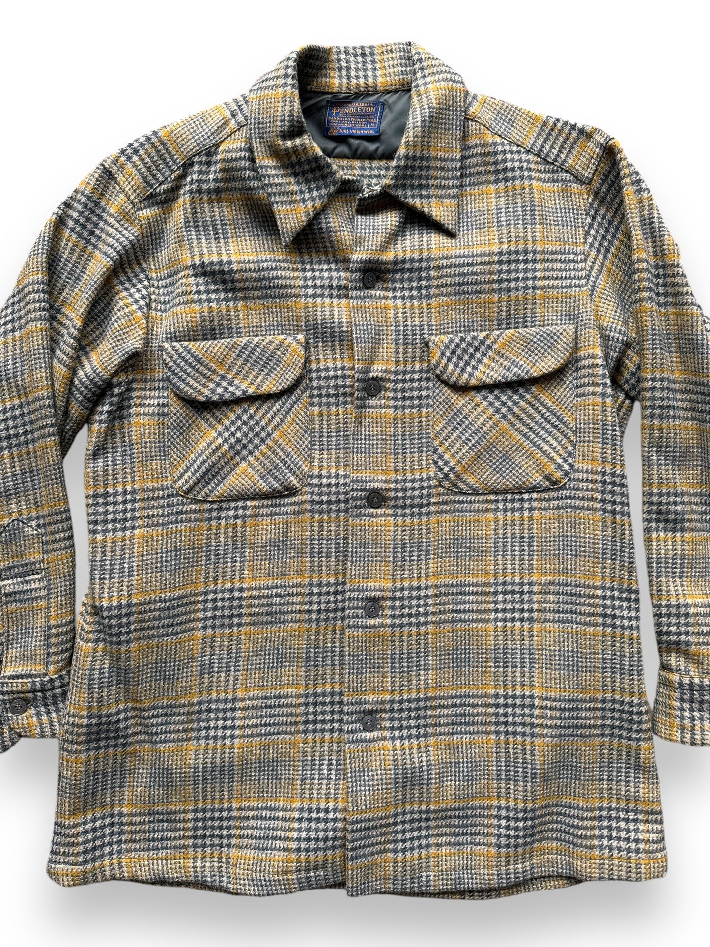 front close up of Vintage Pendleton Crazy Yellow Plaid Board Shirt SZ M