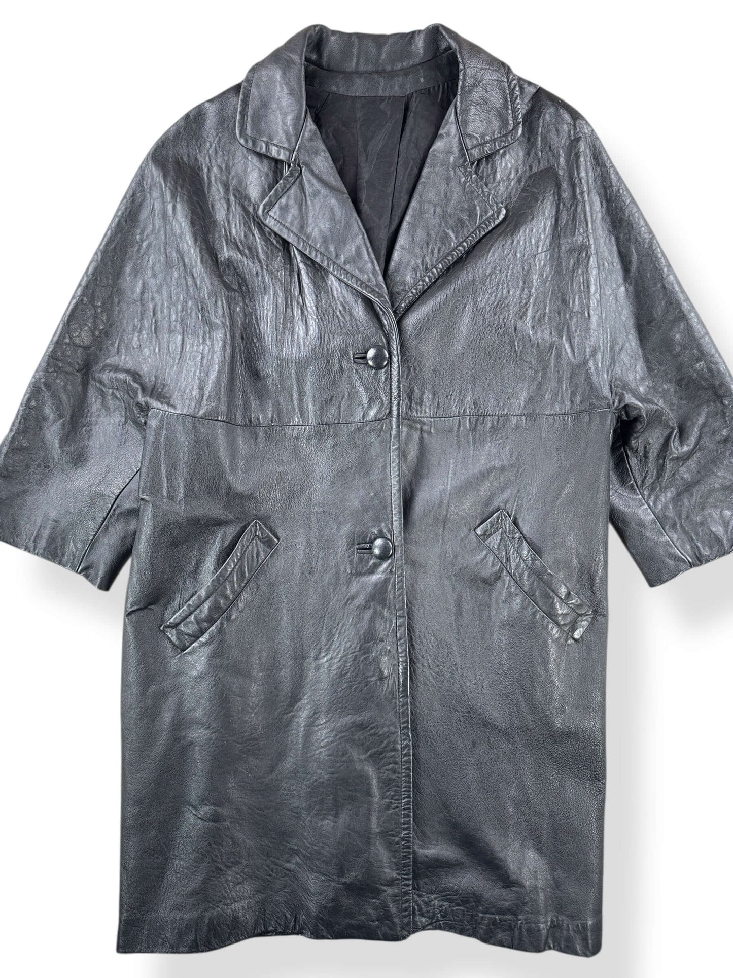 Front of Vintage 60s Black Leather Coat SZ M