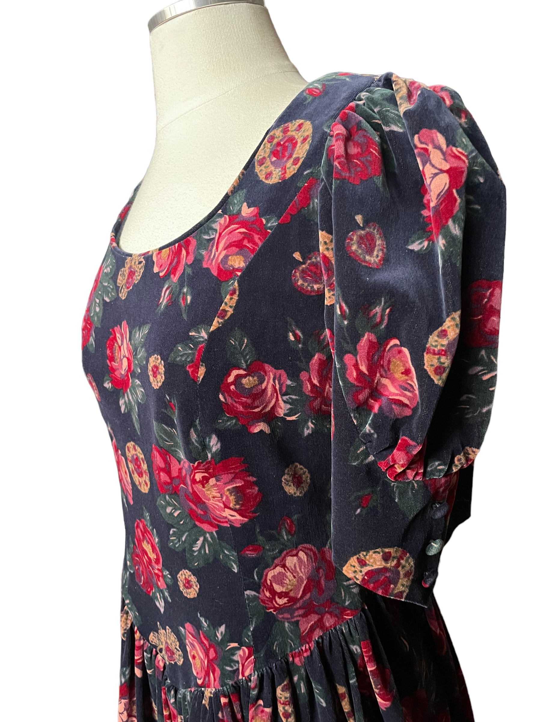 Top left shoulder view of Vintage 1980s Laura Ashley Floral Velvet Dress | Seattle True Vintage Dresses | Barn Owl Vintage Ladies