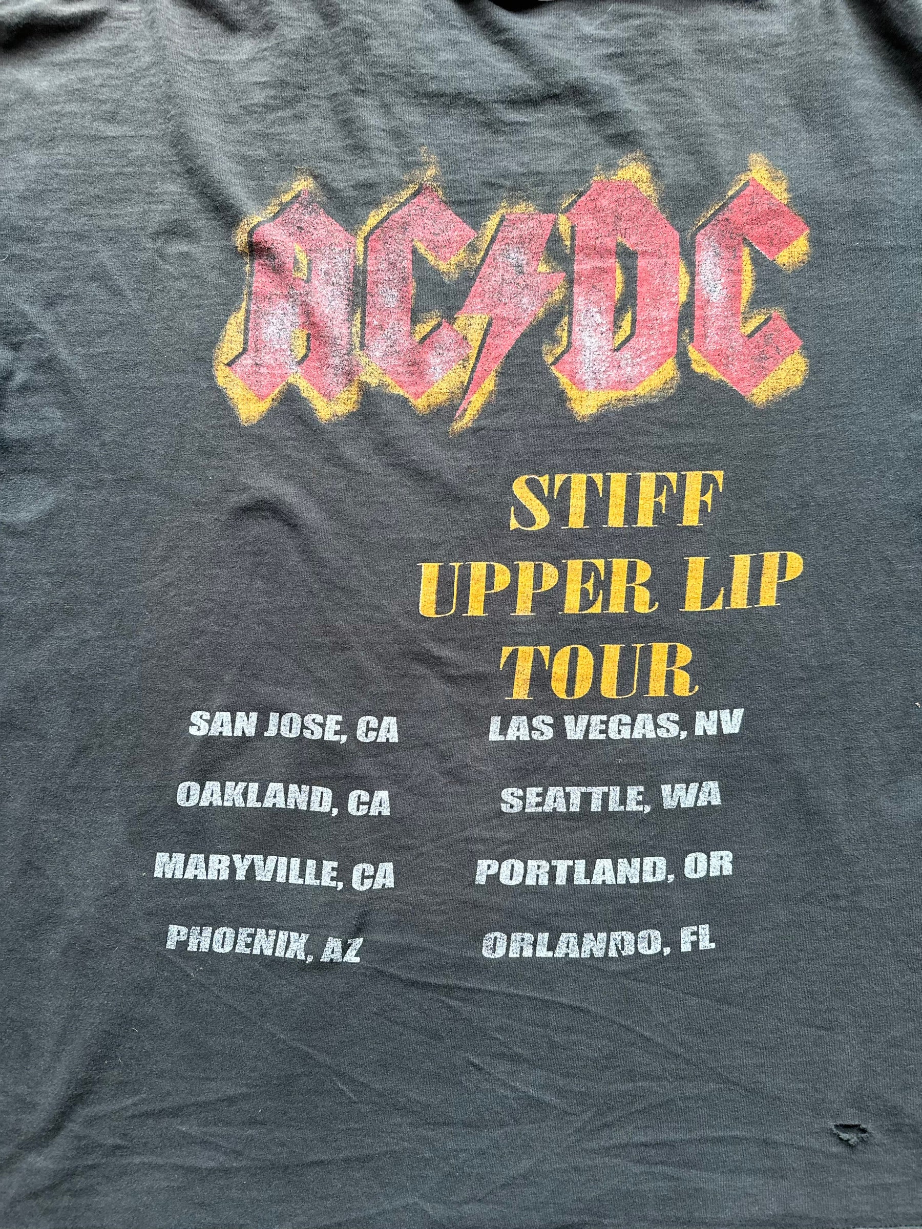 Rear Graphic Detail on Vintage AC/DC Stiff Upper Lip Tour Tee Size XXL |  Barn Owl Vintage Seattle | Vintage Rock Tees Seattle