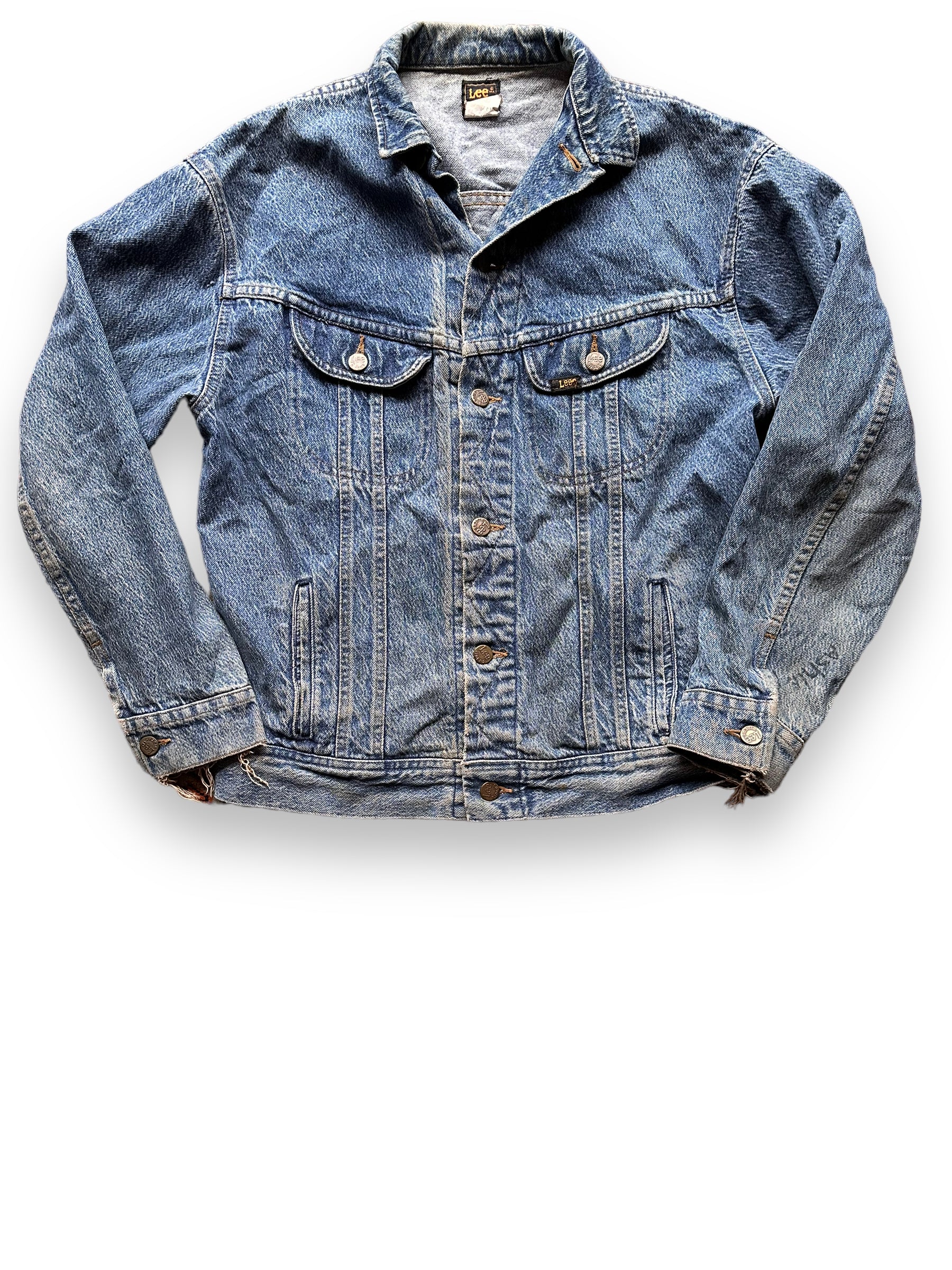 Front View of Vintage Lee 101-J Denim Jacket SZ XL | Vintage Denim Workwear Seattle | Seattle Vintage Denim